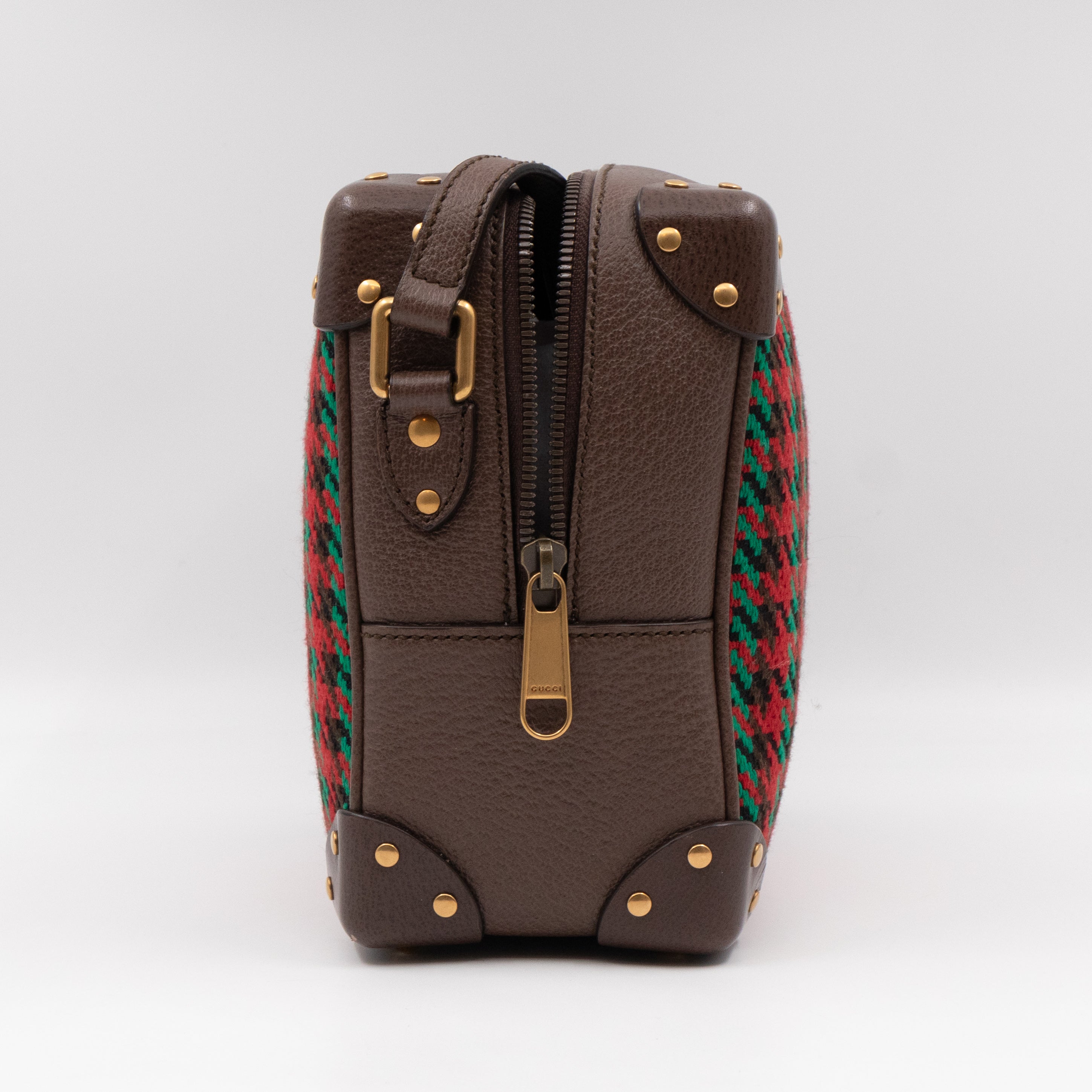 Houndstooth Woven Square Trunk Bag Brown Leather