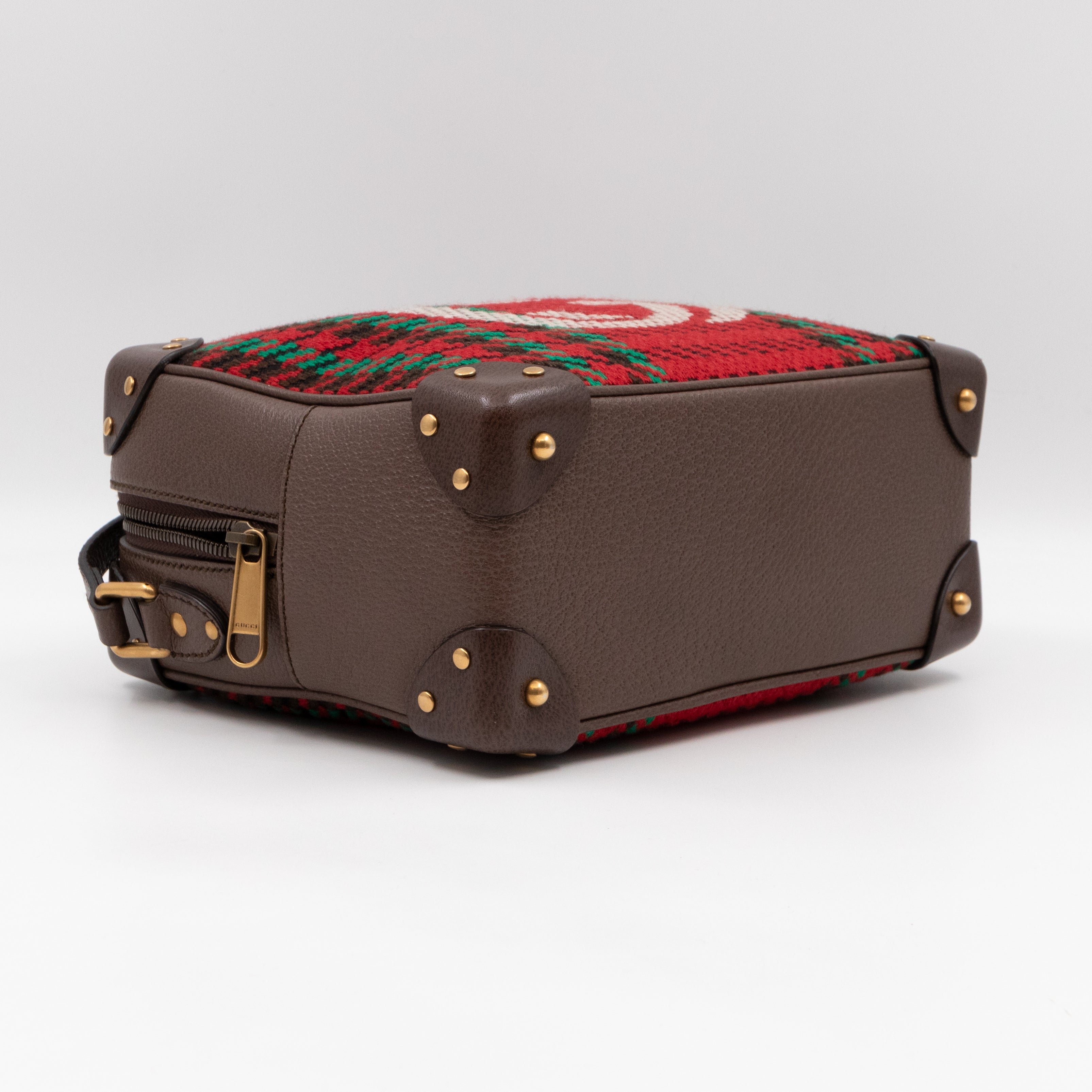 Houndstooth Woven Square Trunk Bag Brown Leather