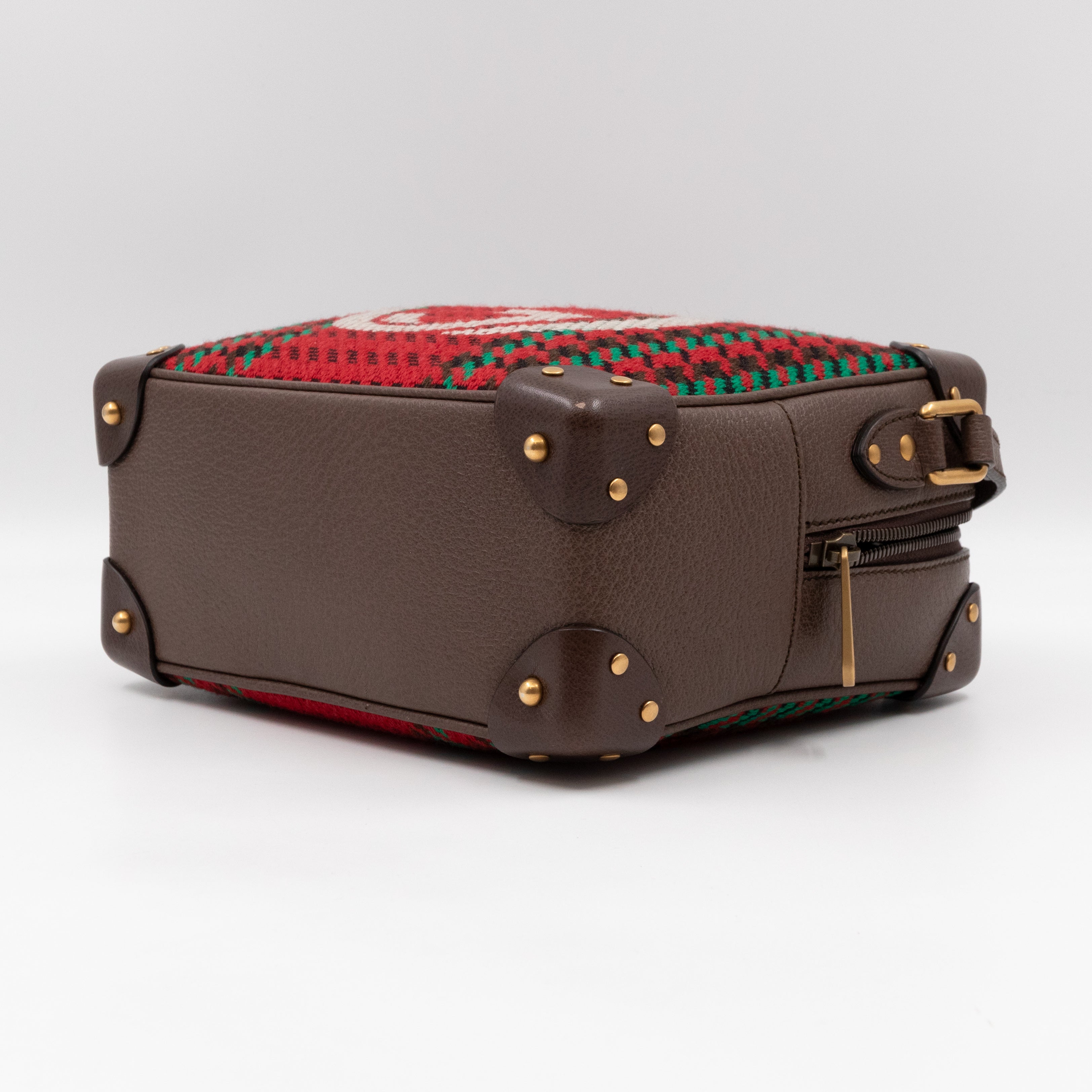 Houndstooth Woven Square Trunk Bag Brown Leather