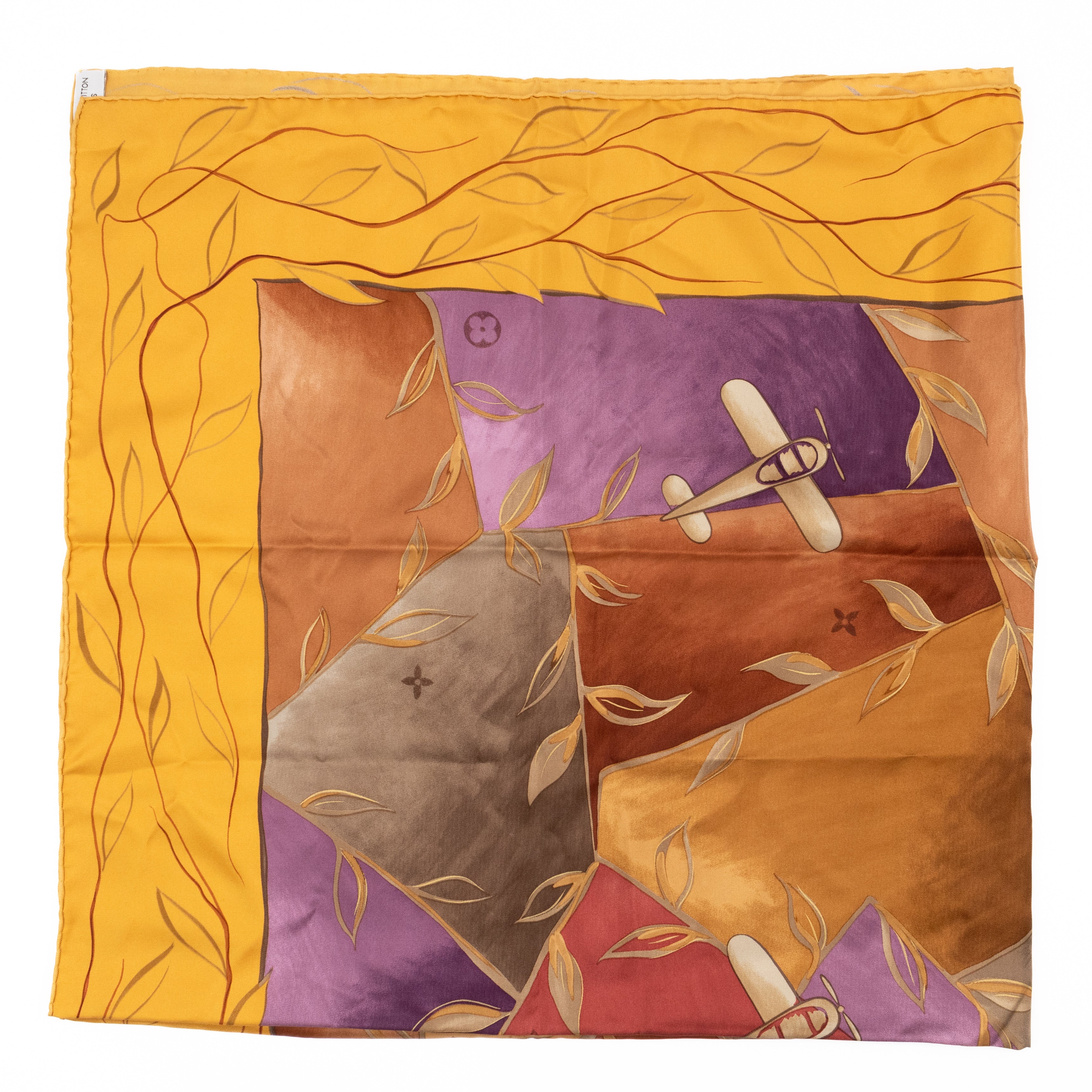 Paris Airplane Square Silk Scarf 90 Yellow