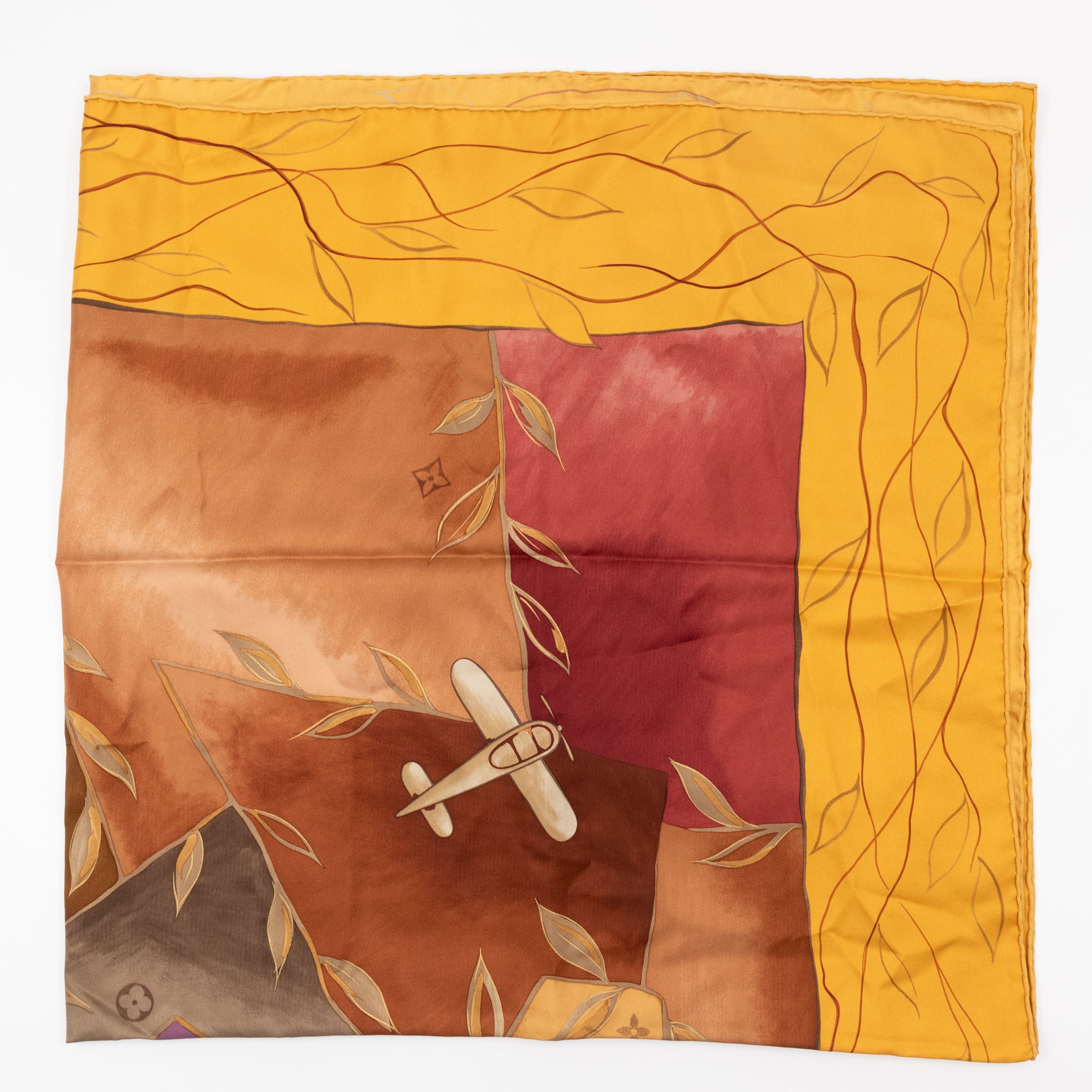 Paris Airplane Square Silk Scarf 90 Yellow