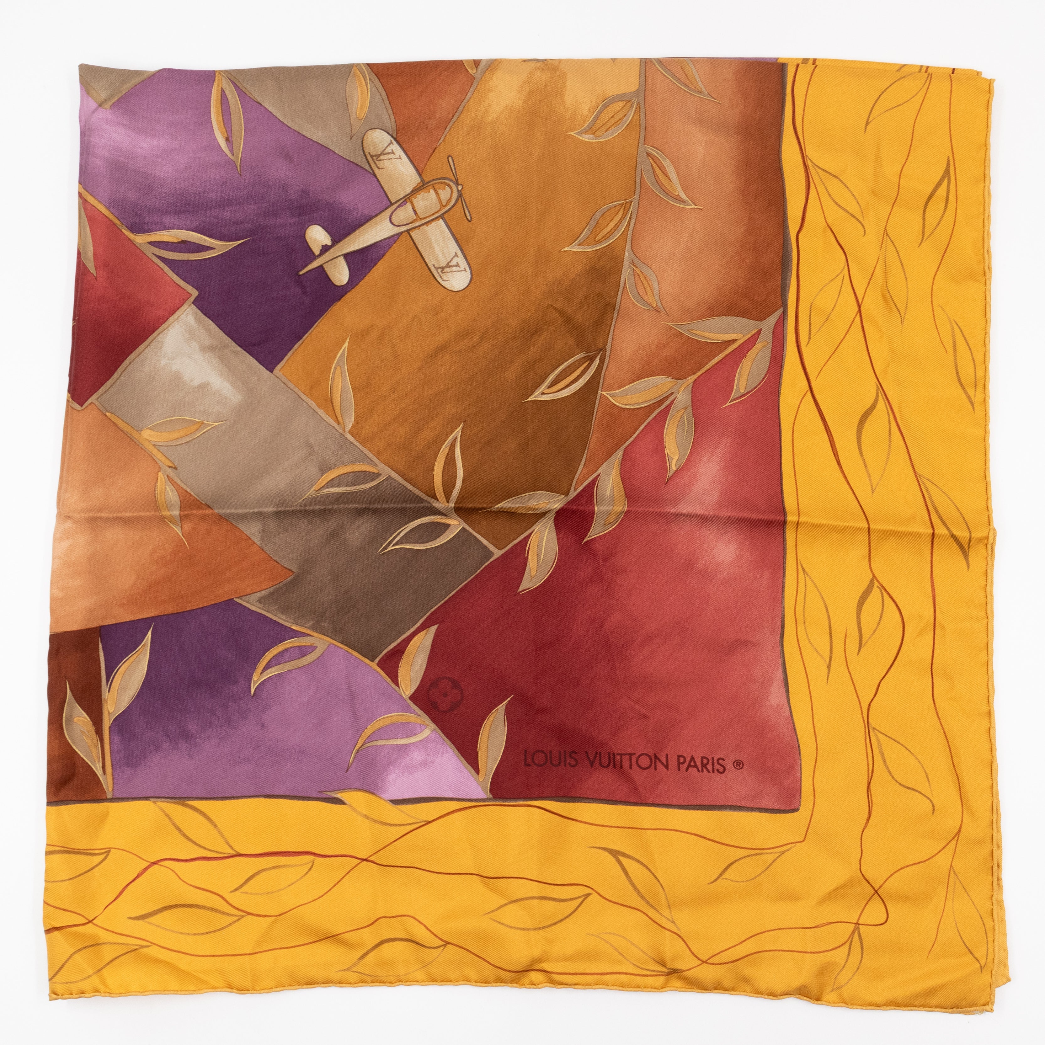 Paris Airplane Square Silk Scarf 90 Yellow