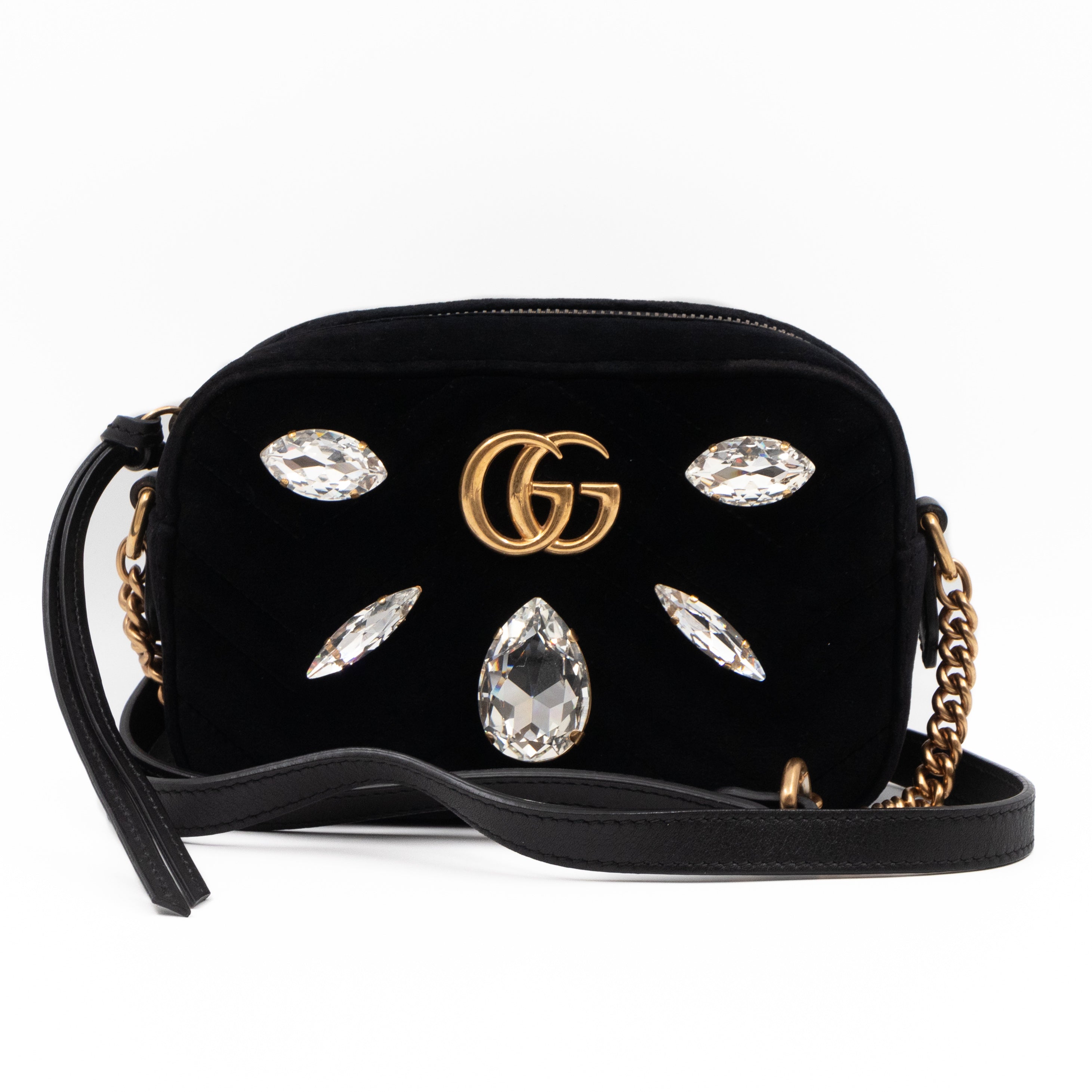 GG Marmont Mini Black Velvet Crystals