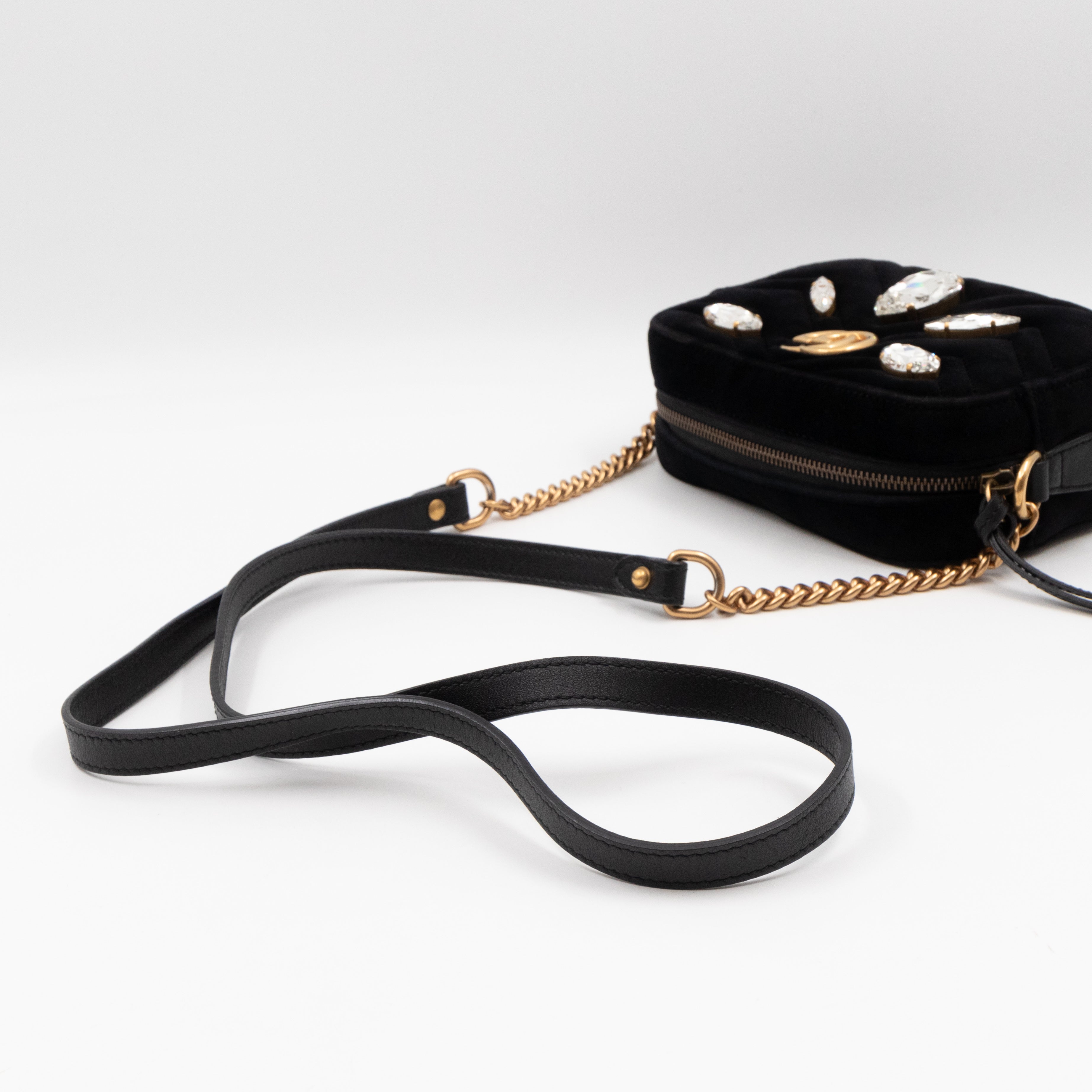 GG Marmont Mini Black Velvet Crystals