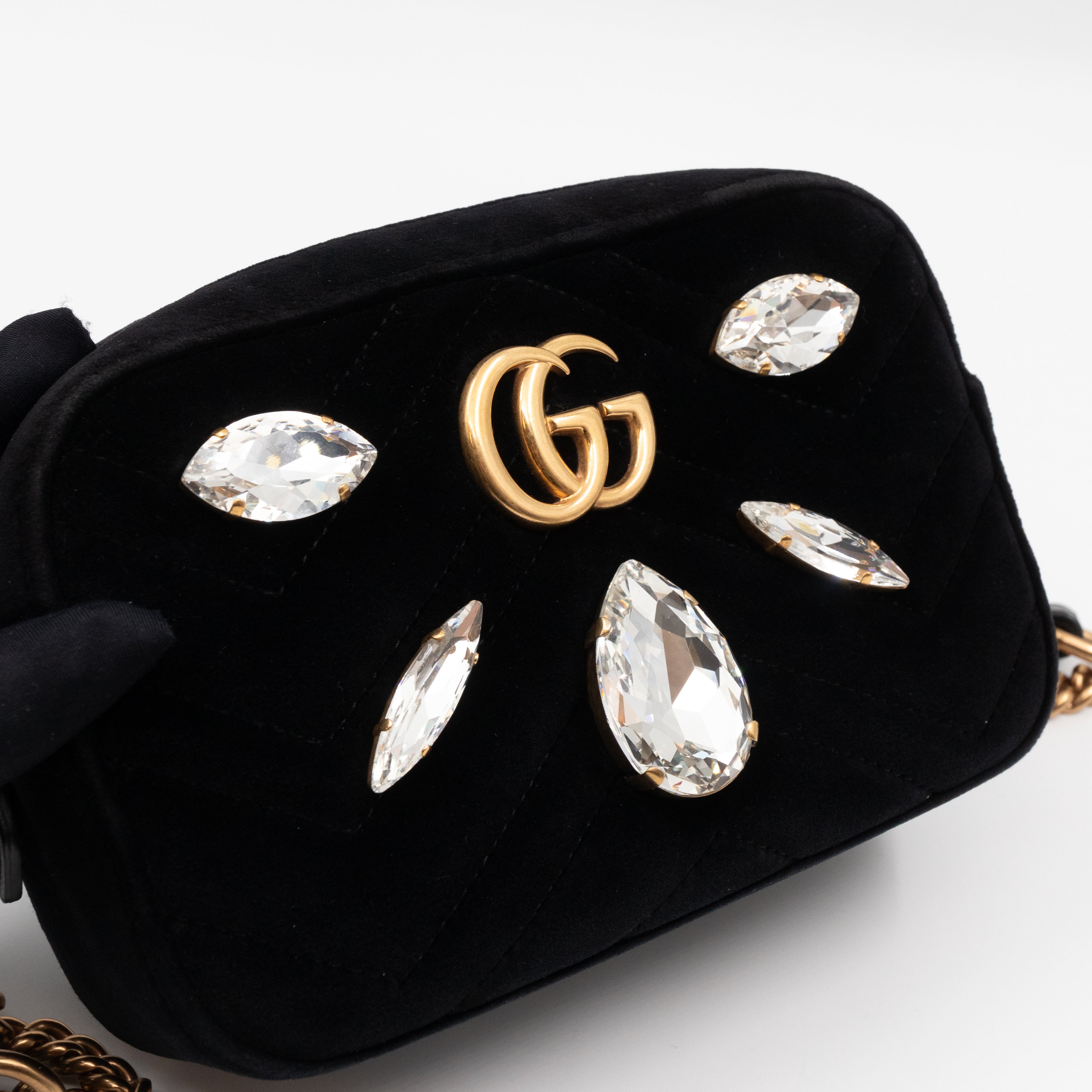 GG Marmont Mini Black Velvet Crystals