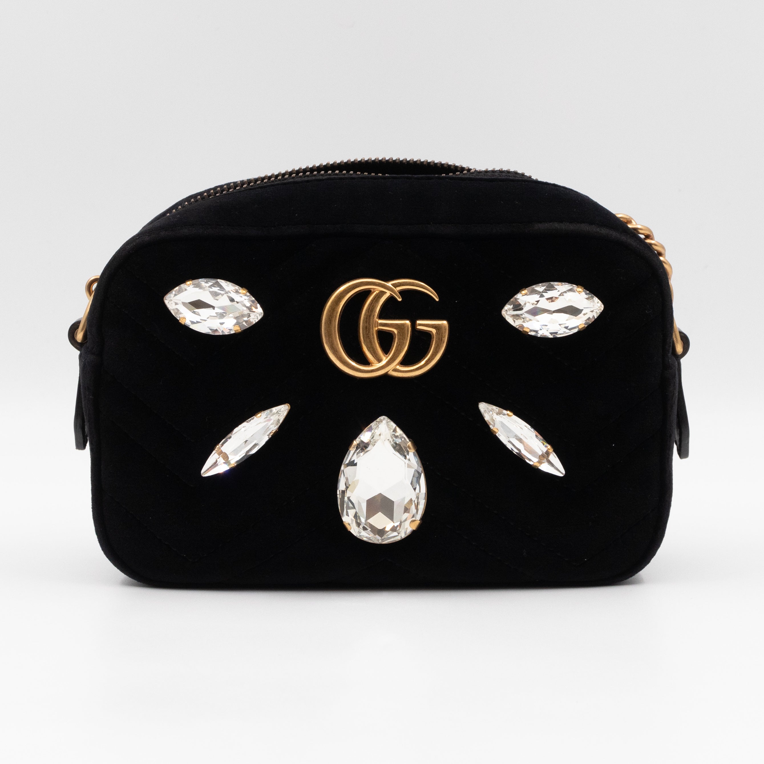GG Marmont Mini Black Velvet Crystals