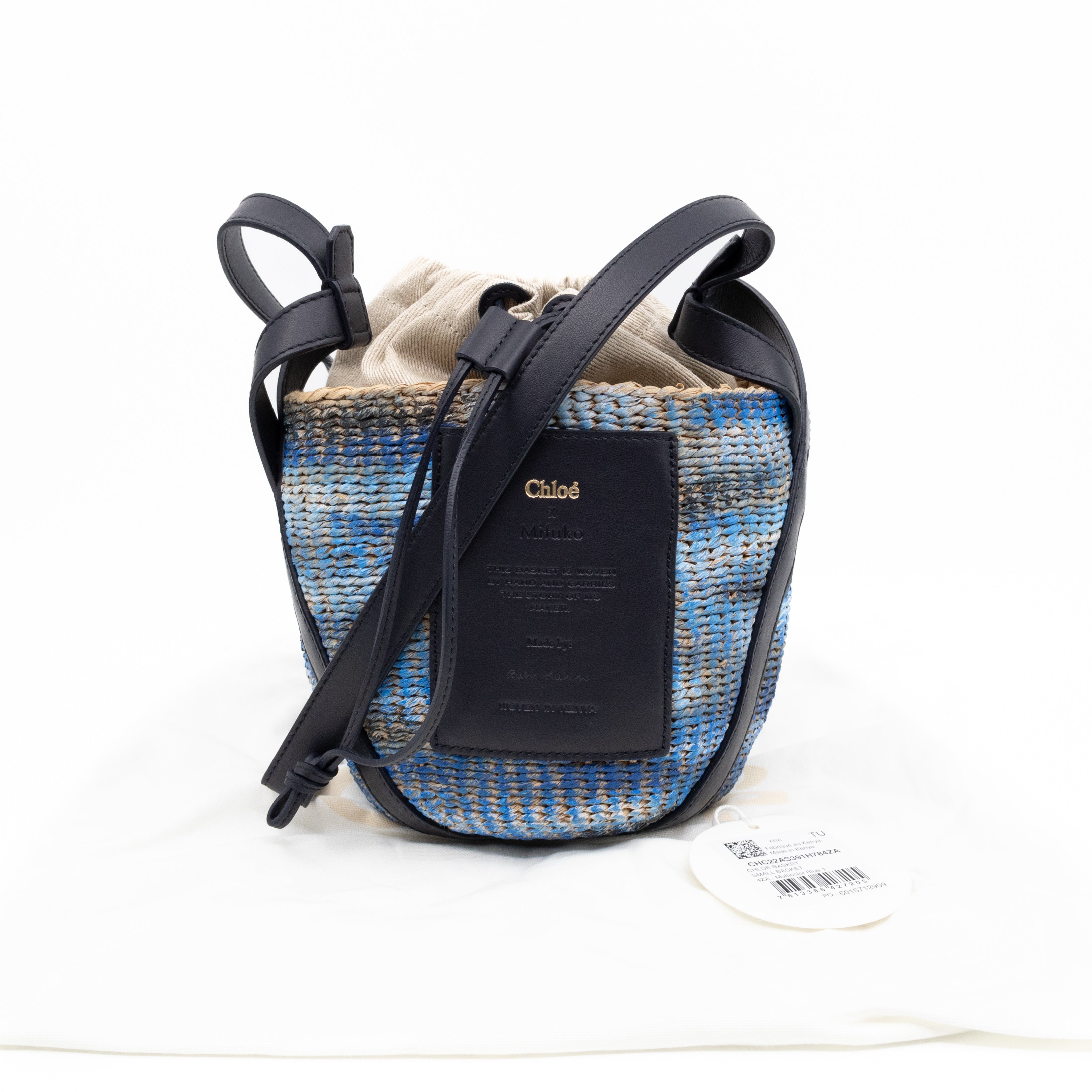 Tie-dye Linen Blue Raffia Bucket Bag