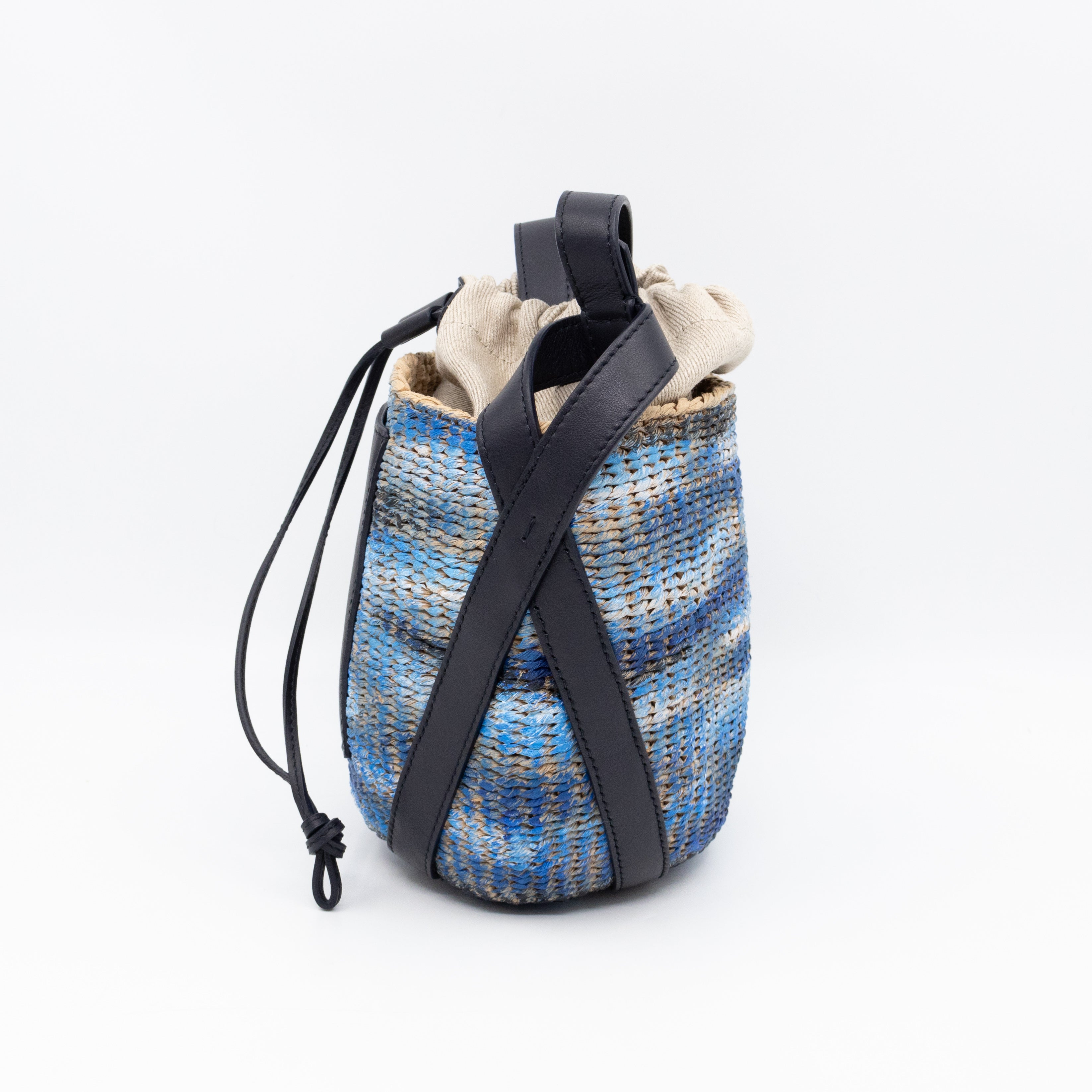 Tie-dye Linen Blue Raffia Bucket Bag