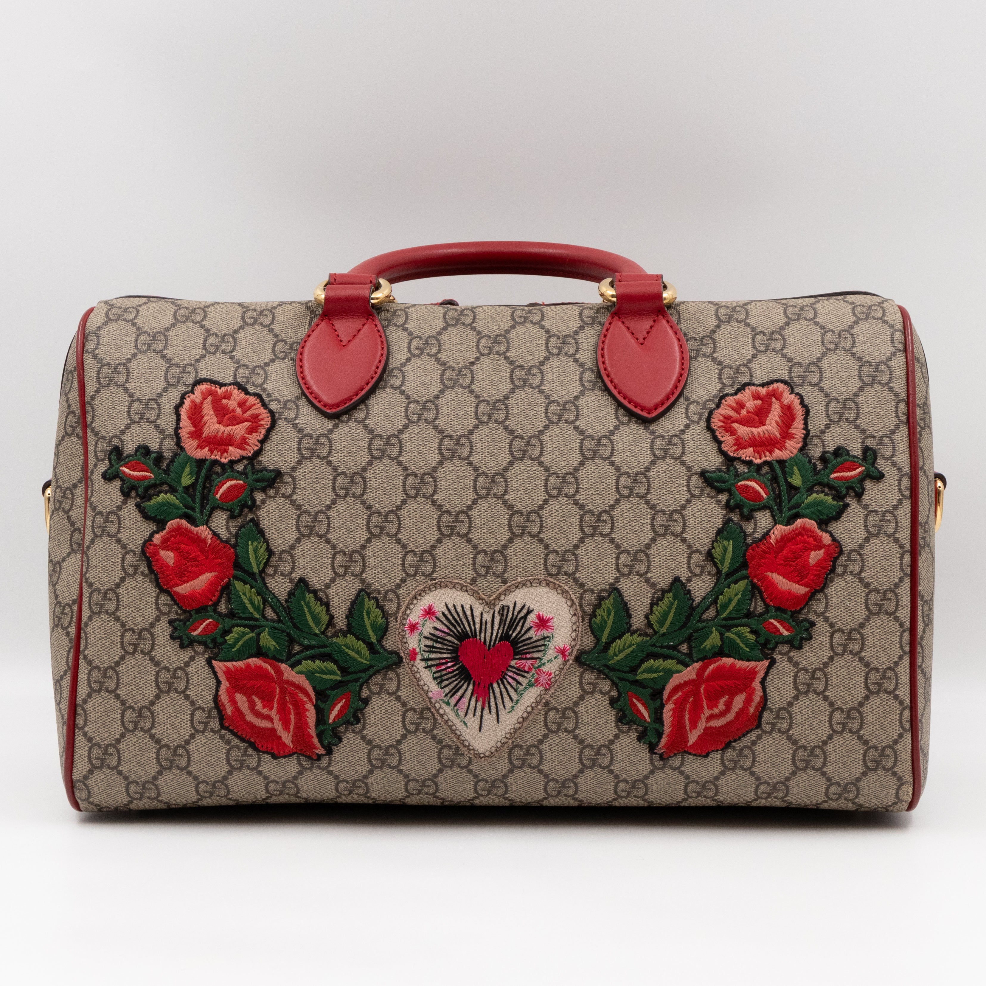 Top Handle Boston Bag GG Supreme Red Embroidered