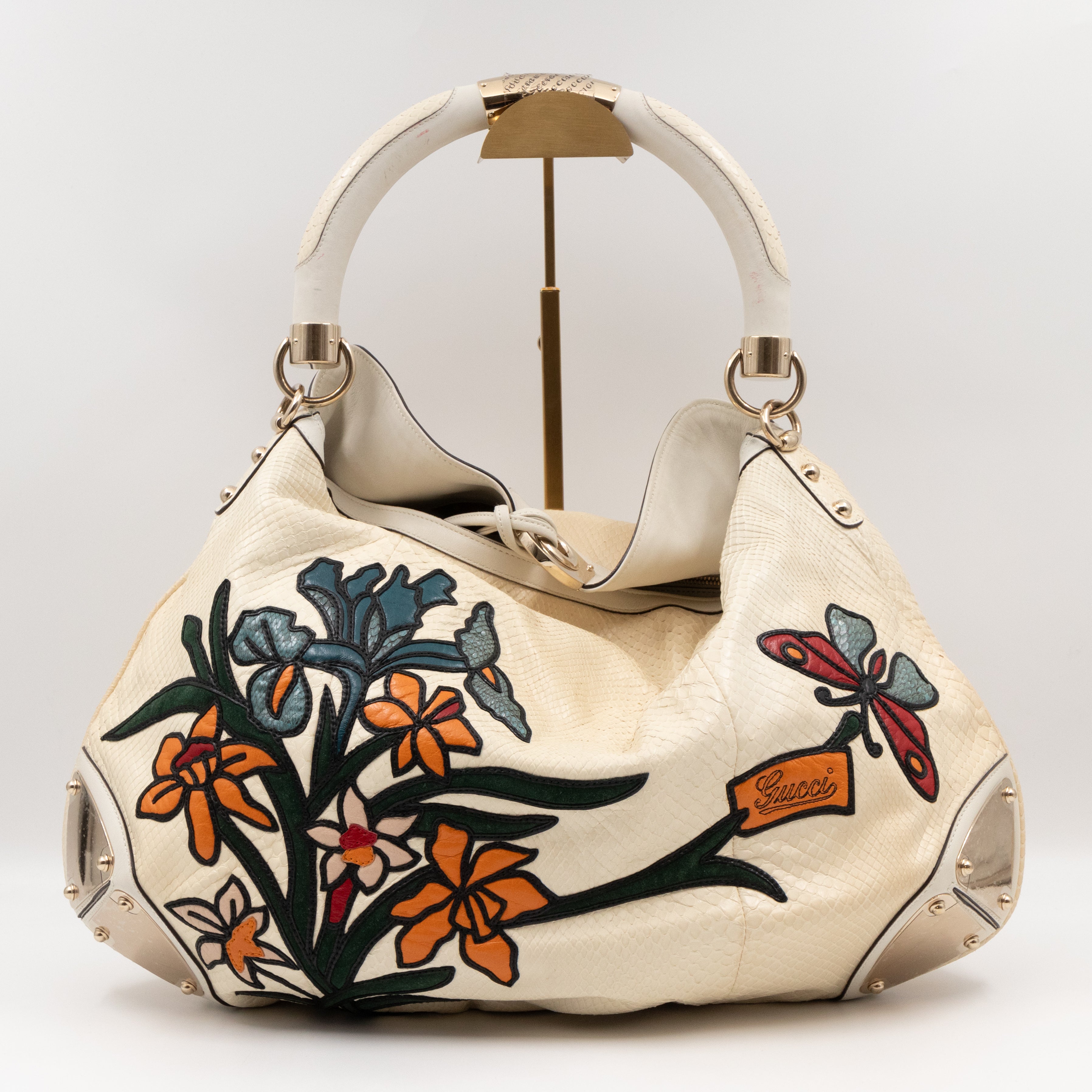 Large Indy Top Handle Bag White Python Leather Tattoo