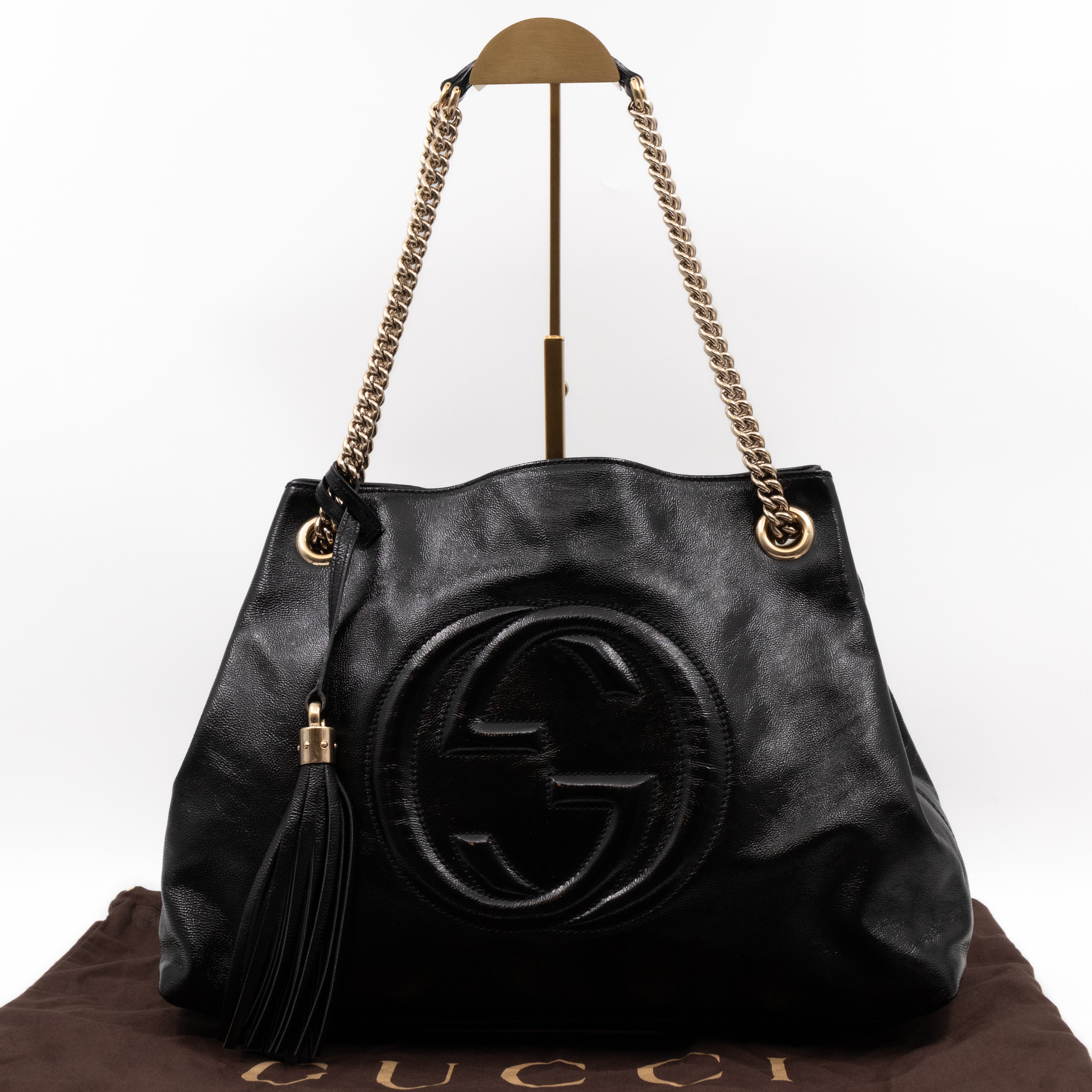 Soho Tassel Chain Tote Crumpled Black Patent Leather