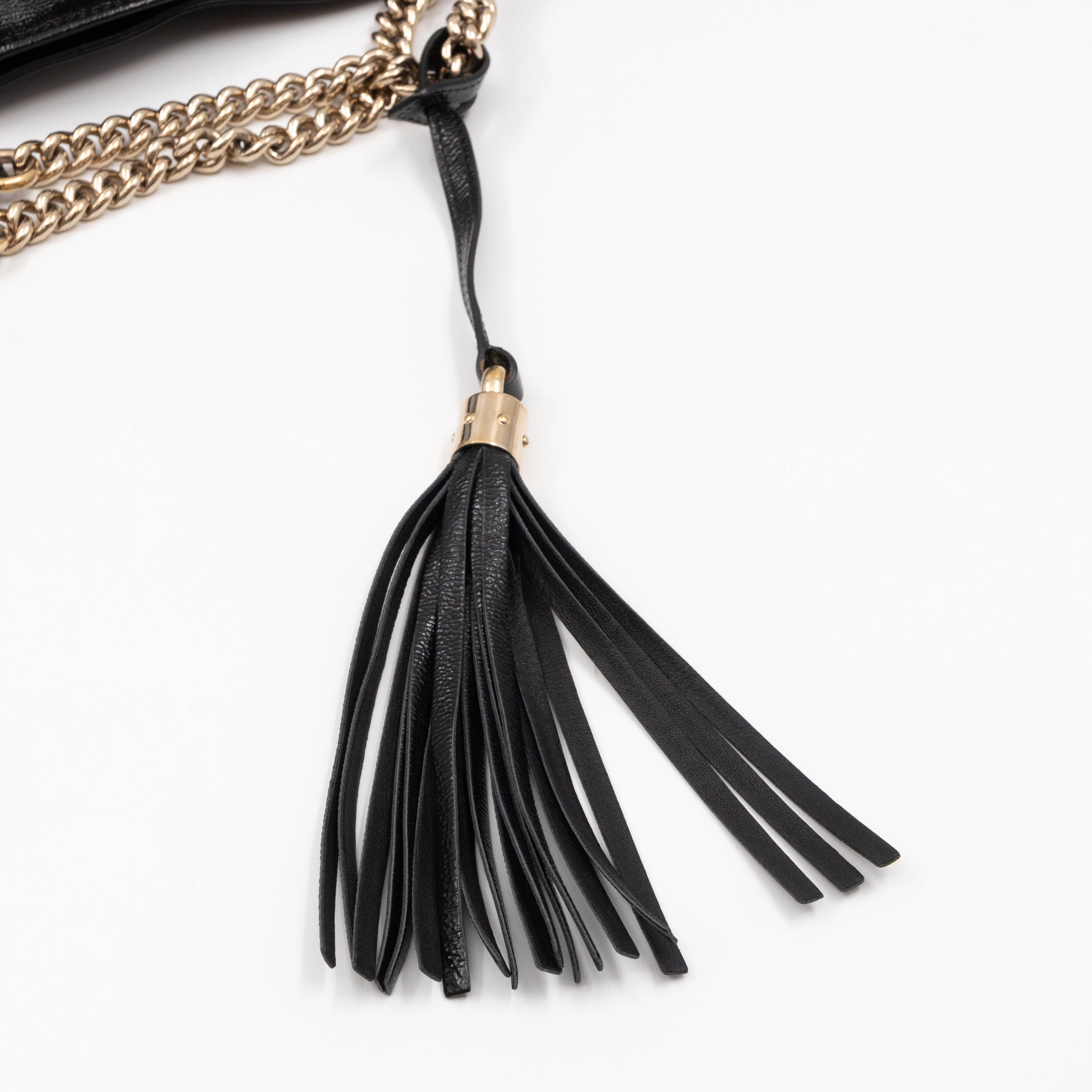 Soho Tassel Chain Tote Crumpled Black Patent Leather