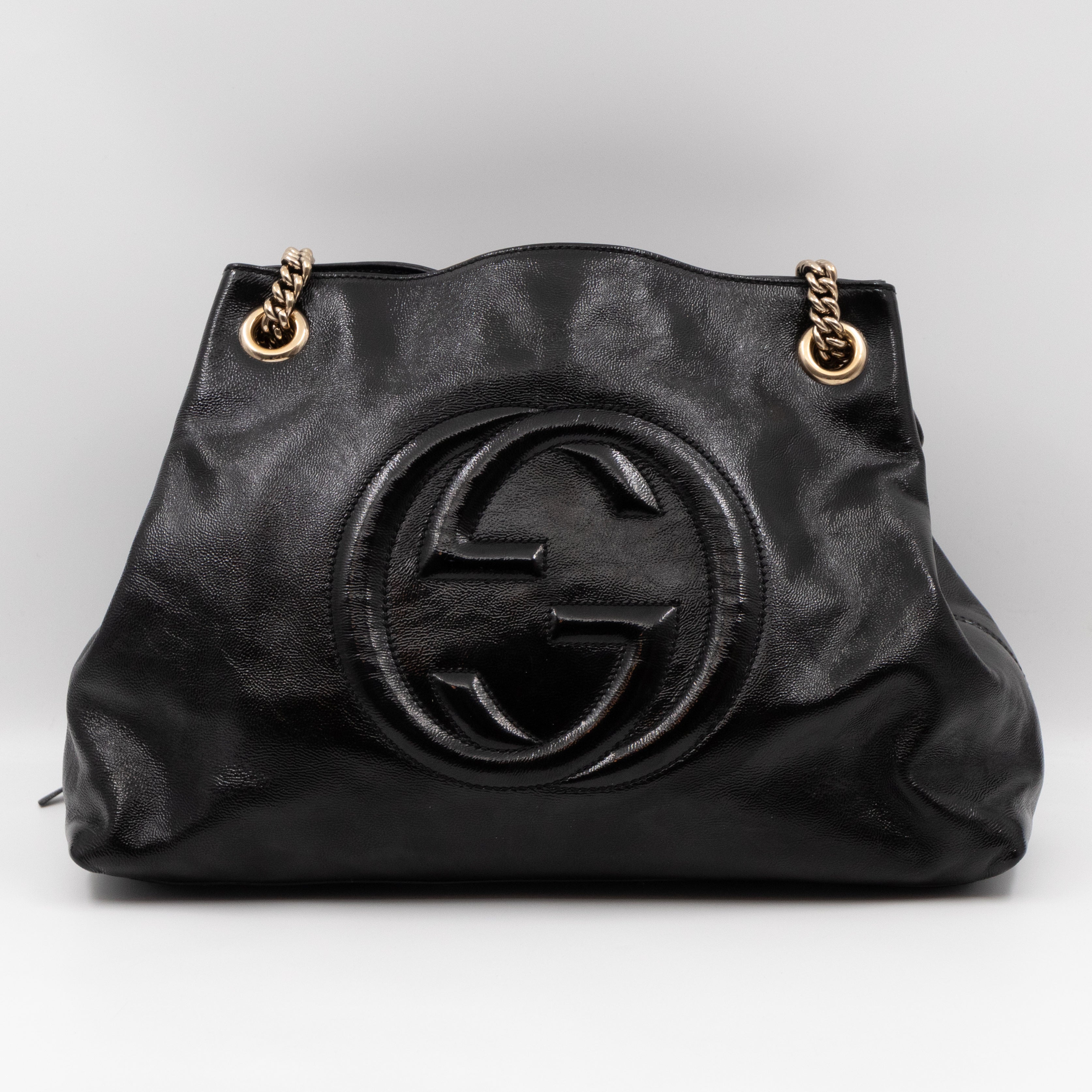 Soho Tassel Chain Tote Crumpled Black Patent Leather