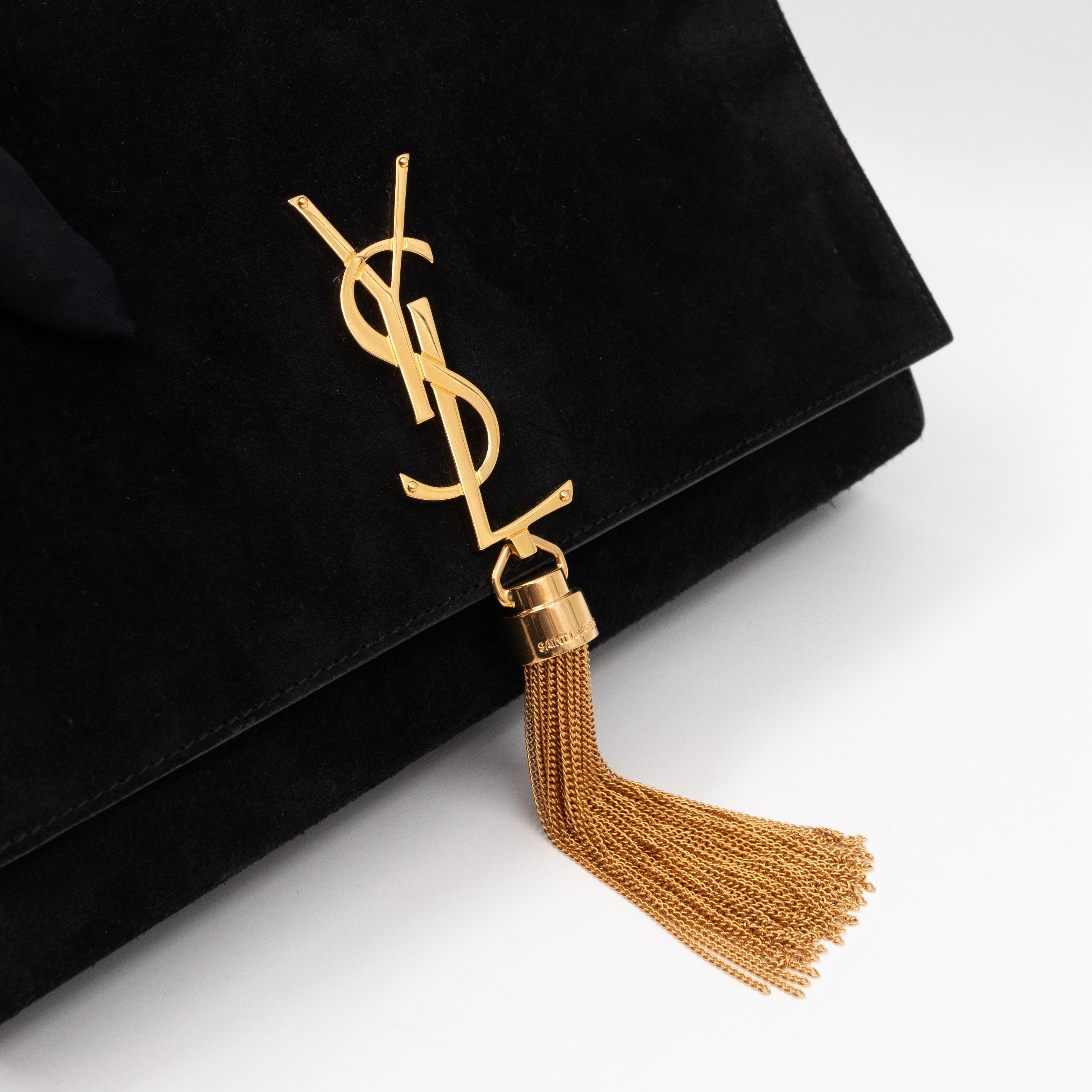 Kate Medium Tassel Black Suede Leather Gold