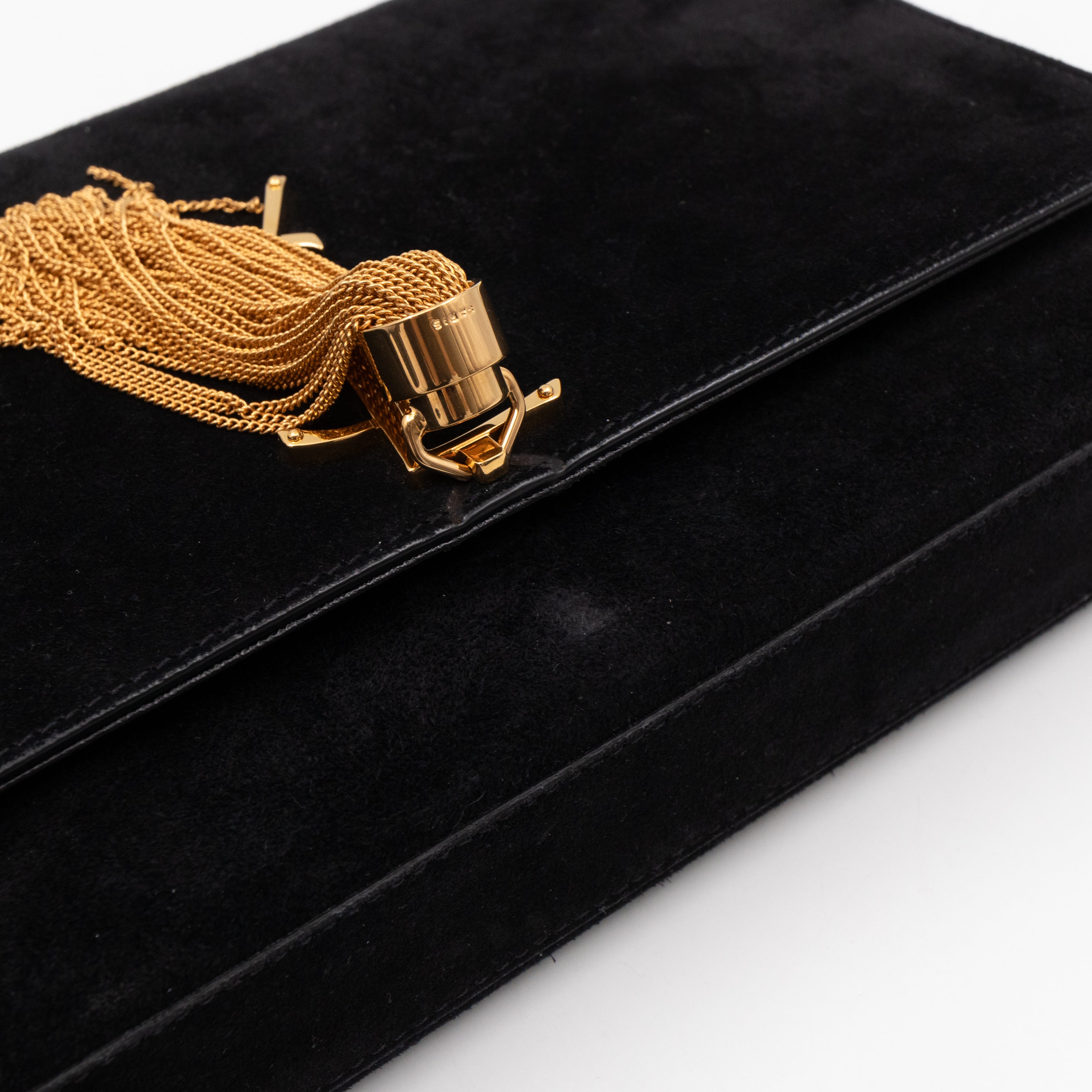 Kate Medium Tassel Black Suede Leather Gold