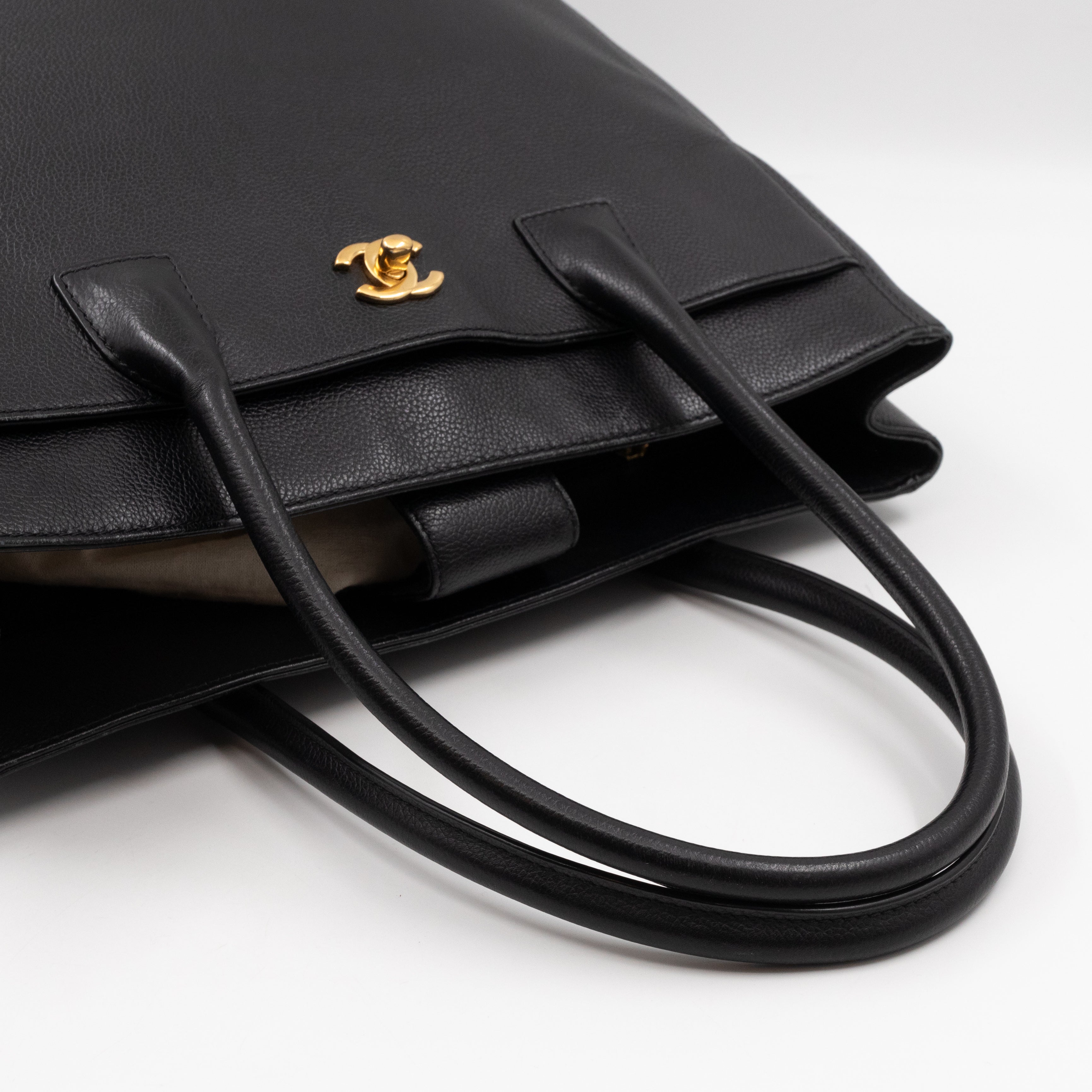 Tall Cerf Tote Black Leather Gold