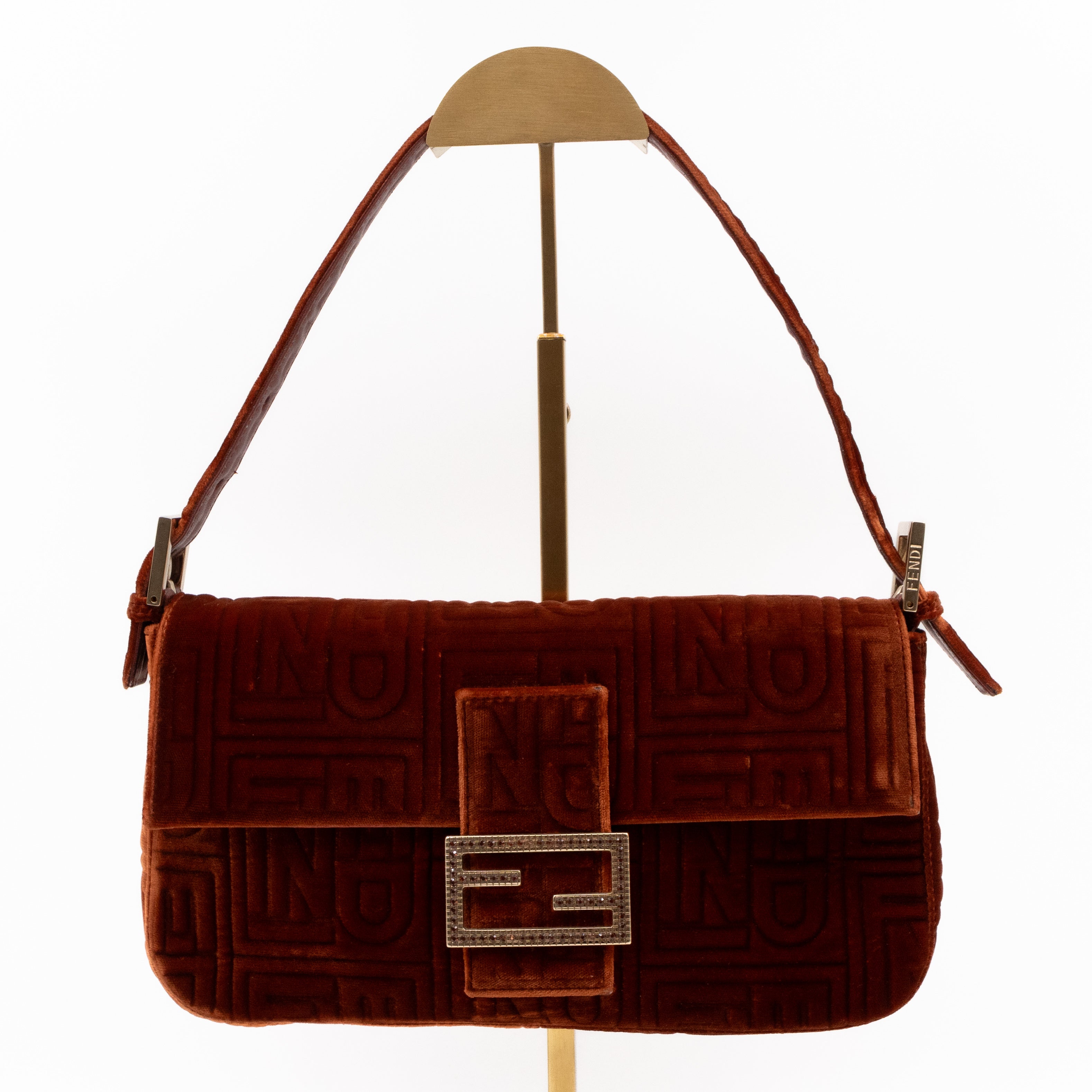 Baguette Logo Embossed Crystal Bronze Velvet Leather