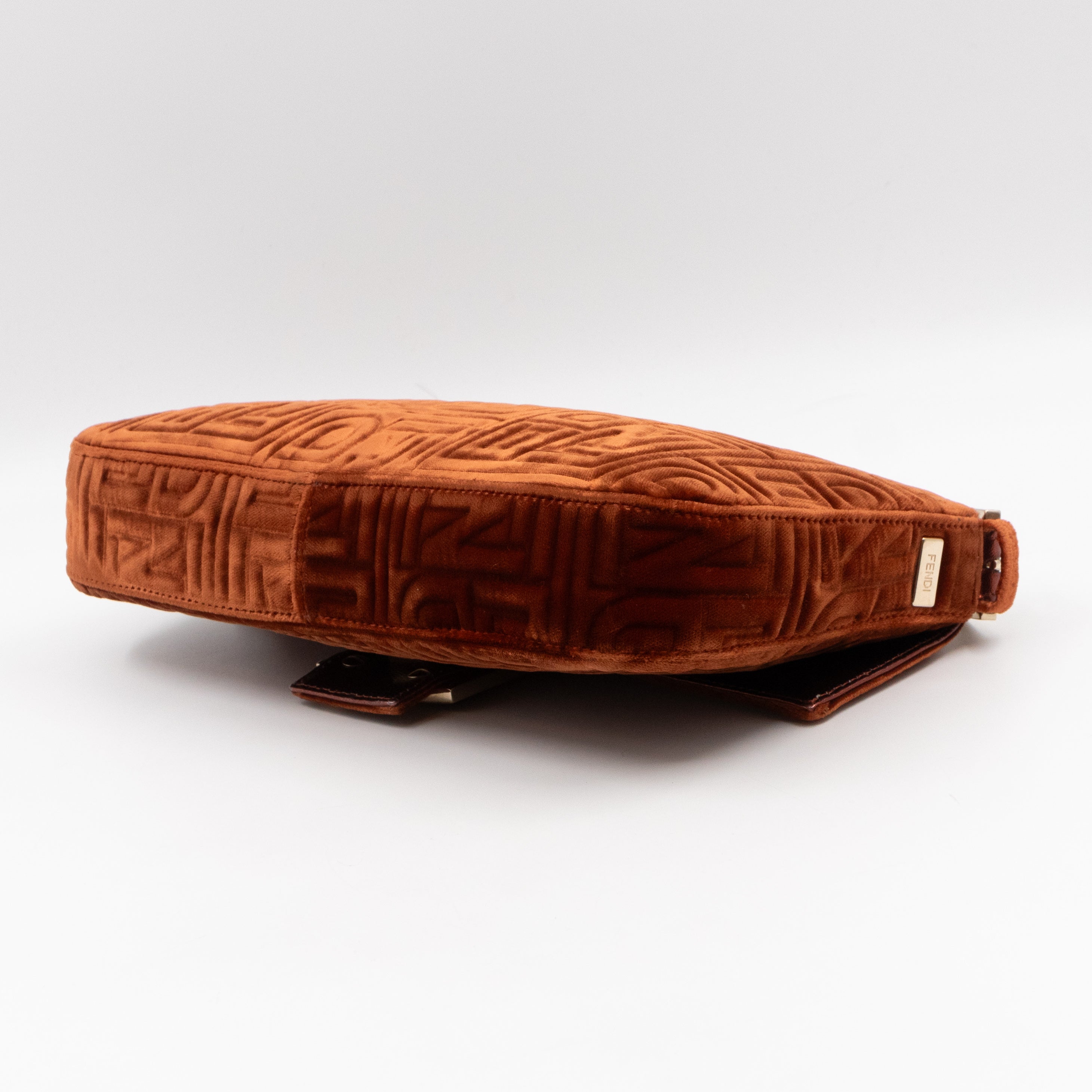 Baguette Logo Embossed Crystal Bronze Velvet Leather