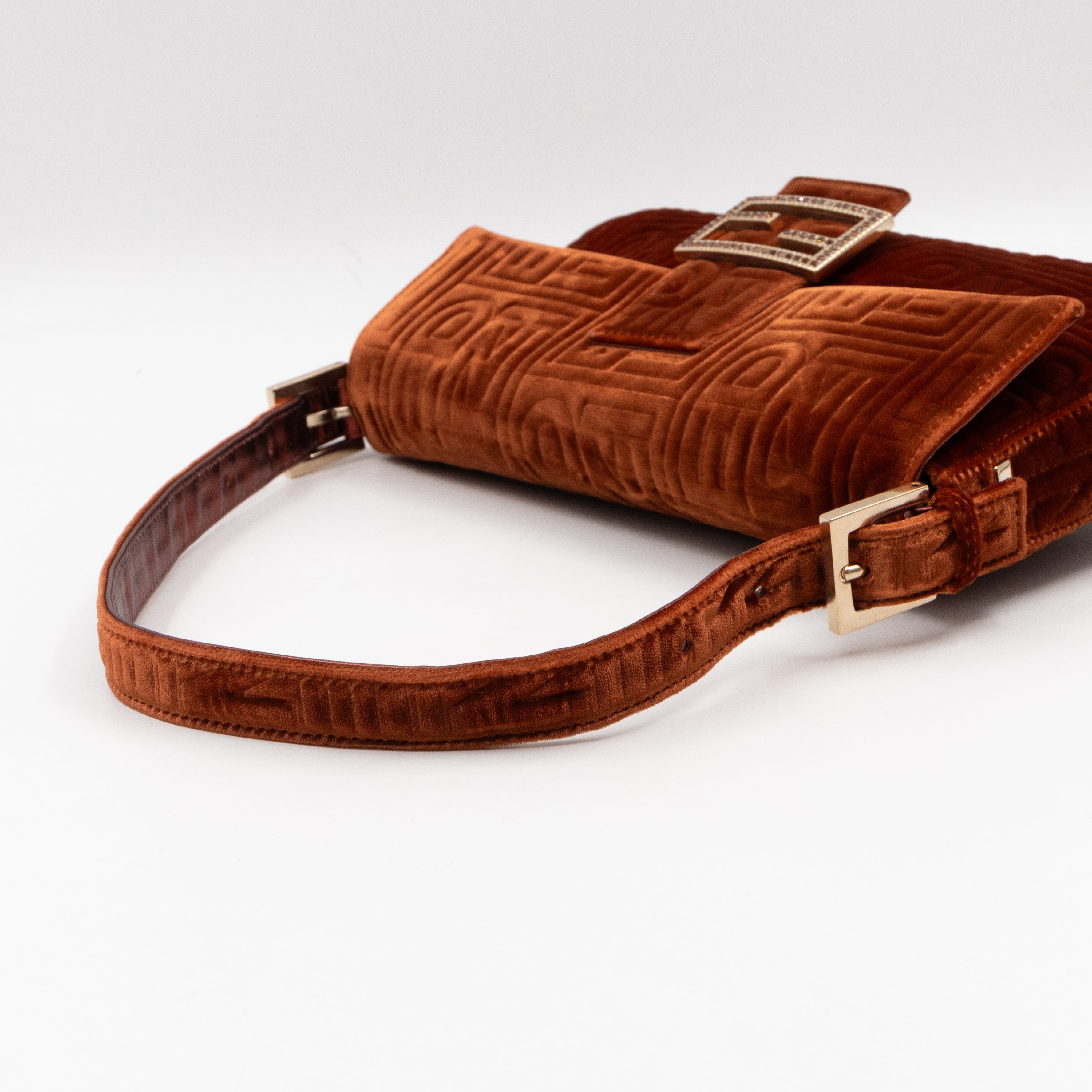 Baguette Logo Embossed Crystal Bronze Velvet Leather