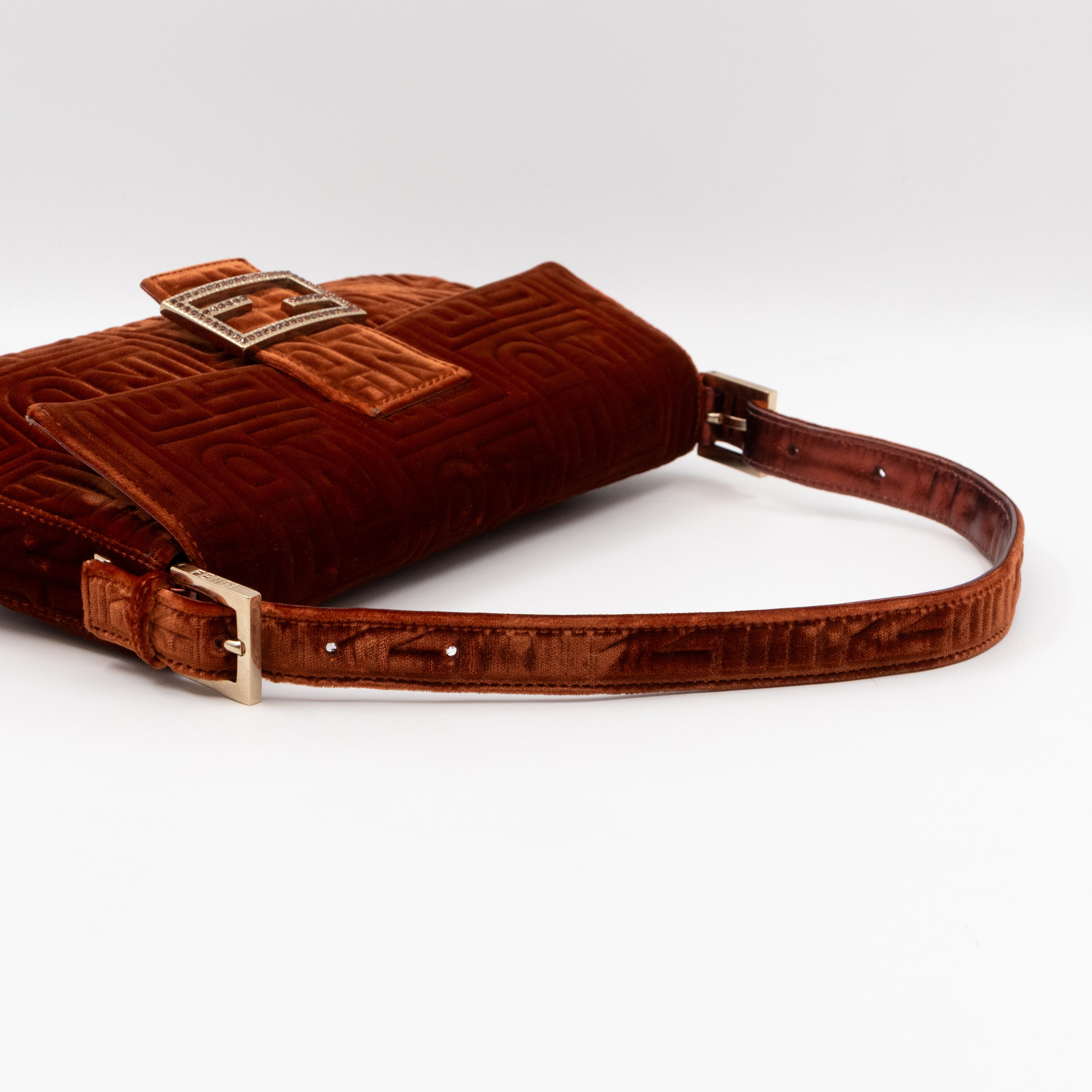 Baguette Logo Embossed Crystal Bronze Velvet Leather