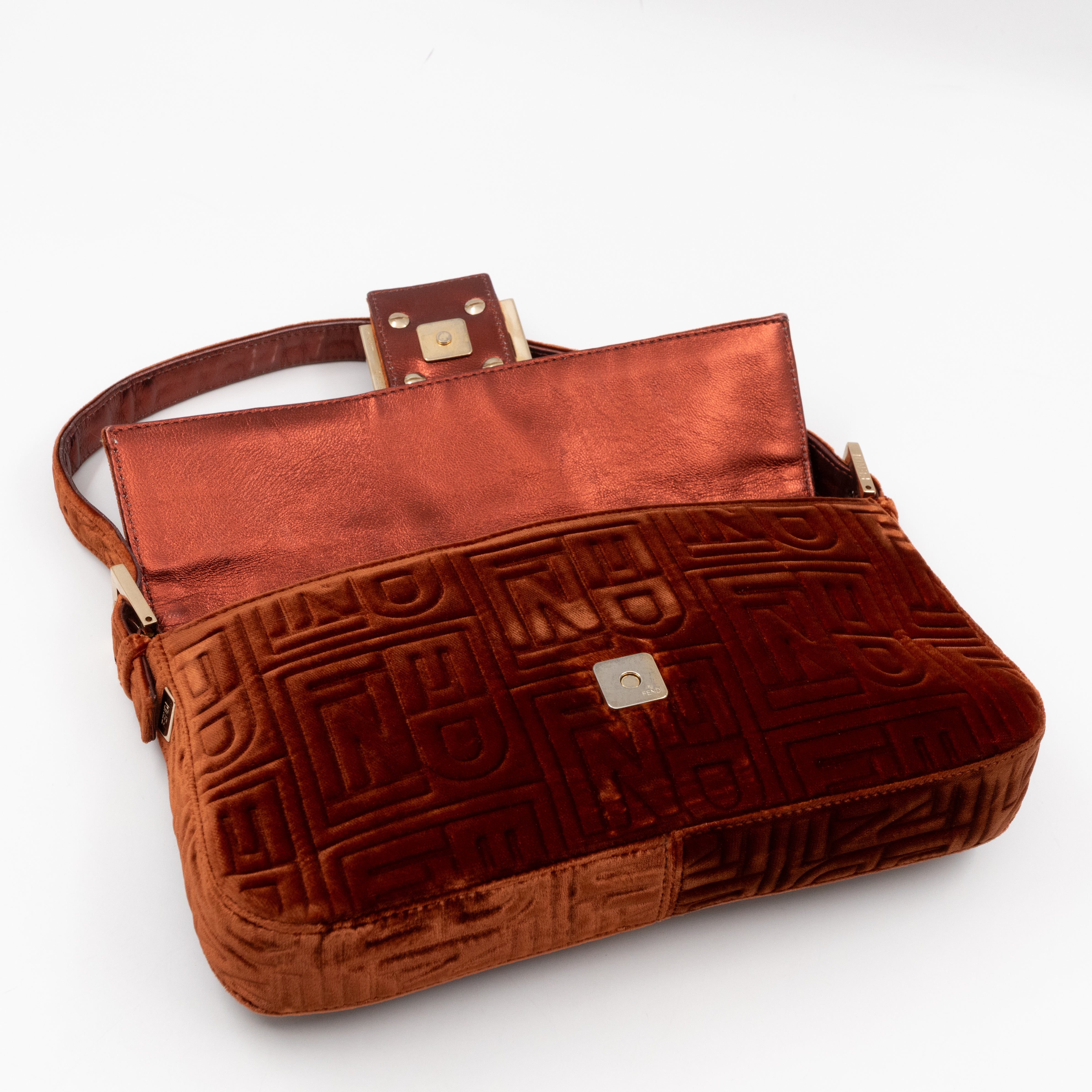 Baguette Logo Embossed Crystal Bronze Velvet Leather