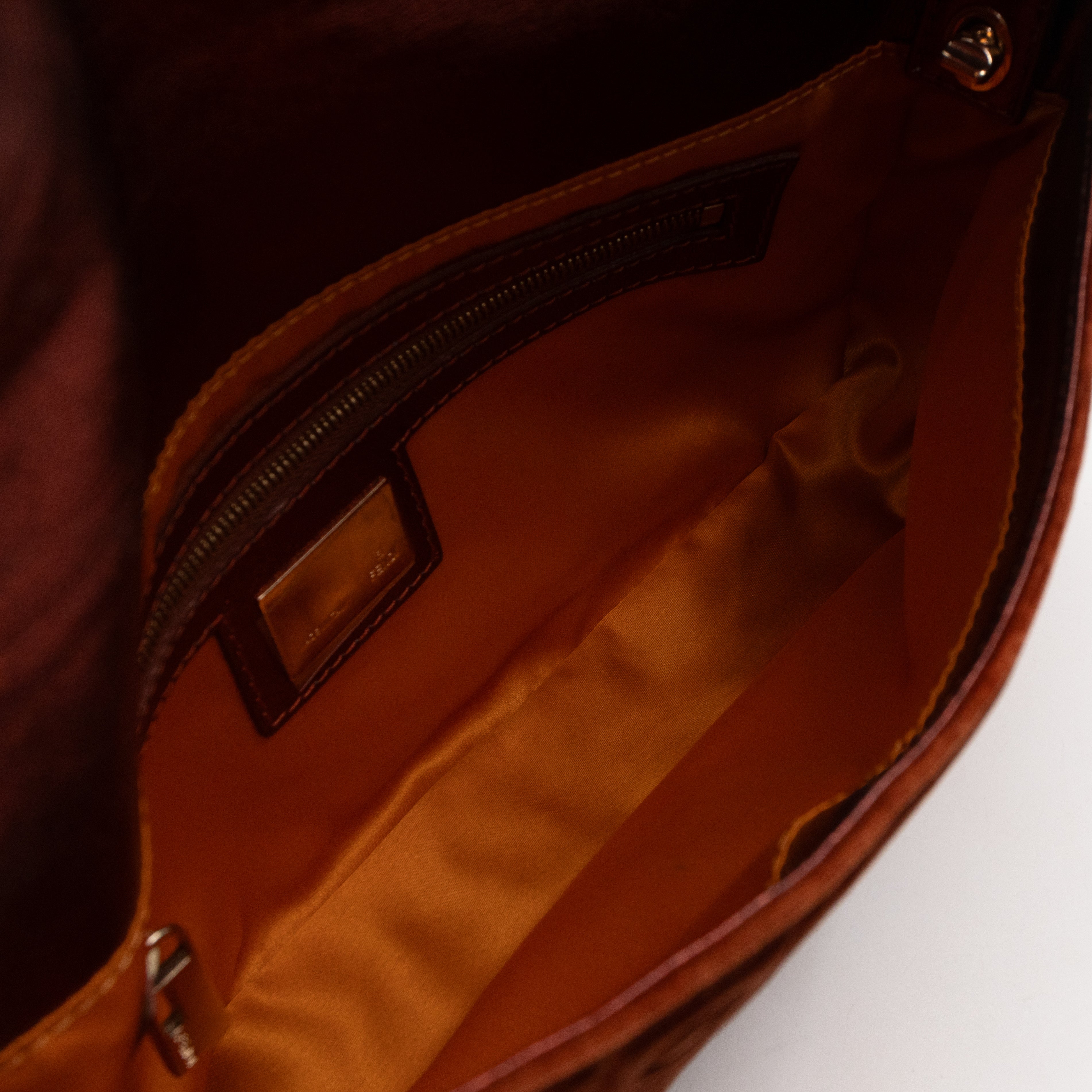 Baguette Logo Embossed Crystal Bronze Velvet Leather