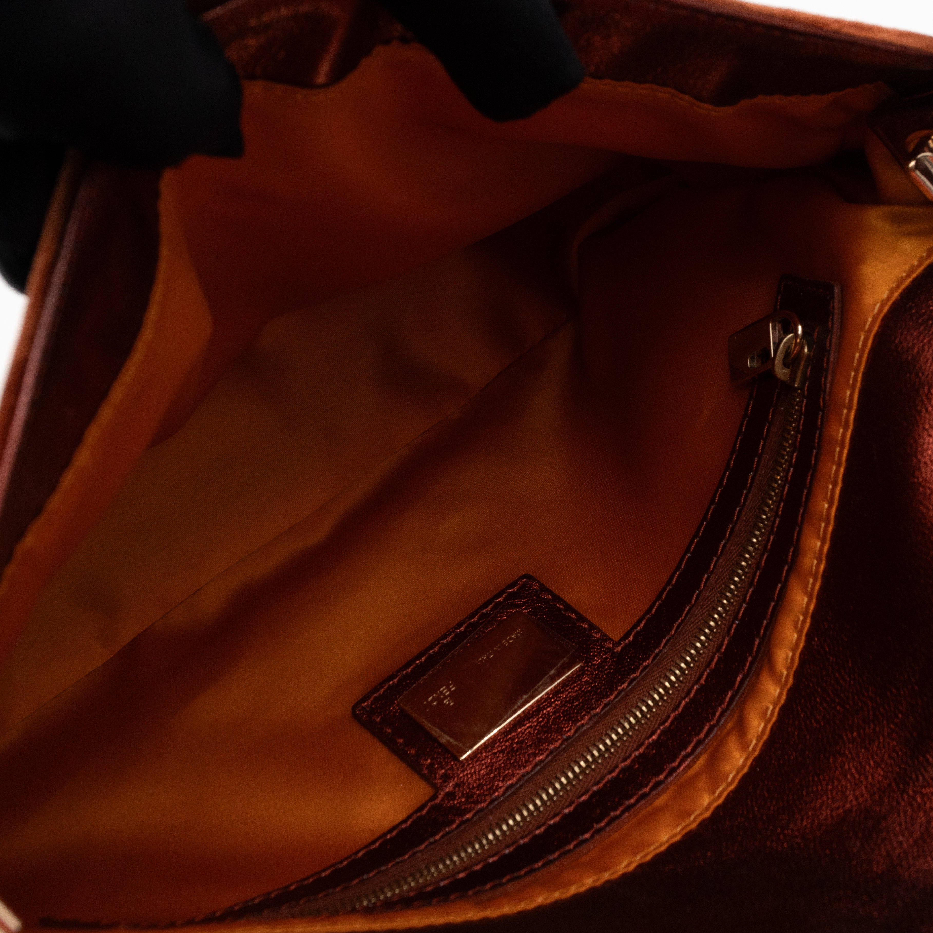 Baguette Logo Embossed Crystal Bronze Velvet Leather