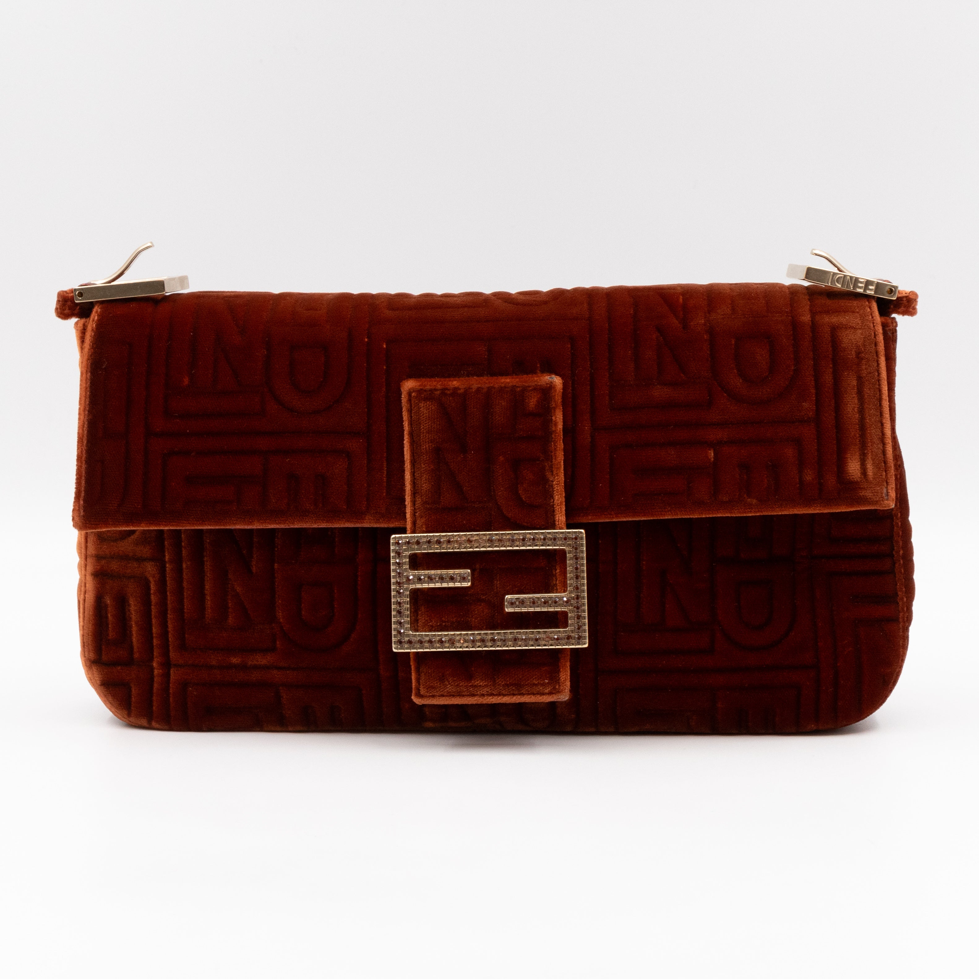 Baguette Logo Embossed Crystal Bronze Velvet Leather