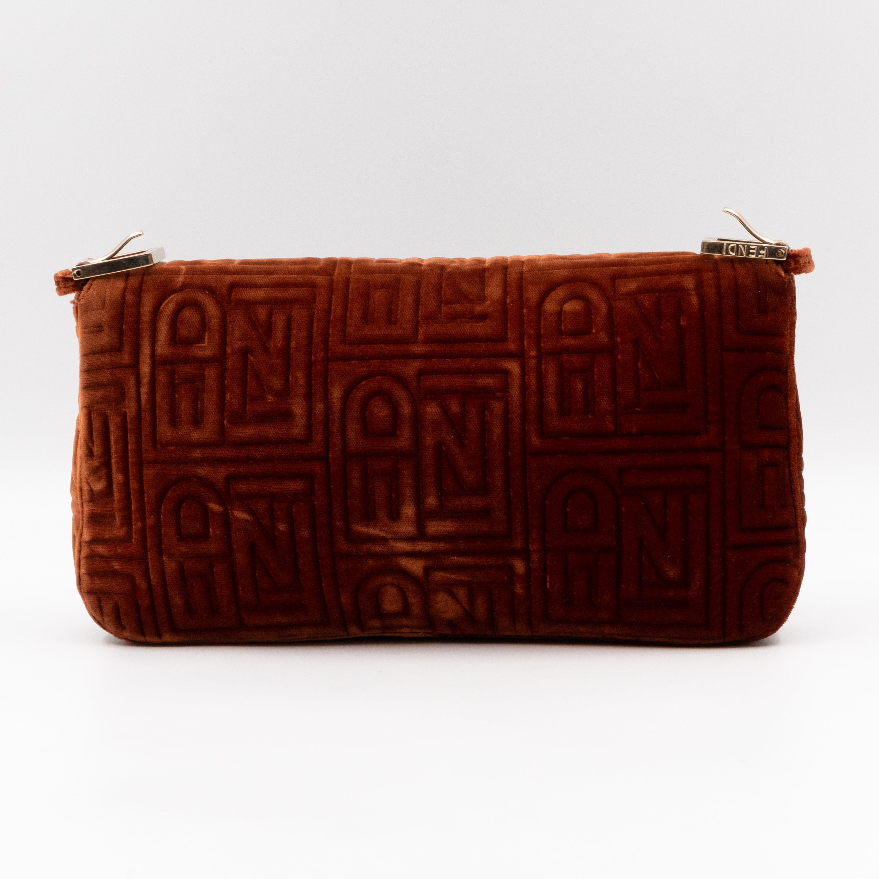 Baguette Logo Embossed Crystal Bronze Velvet Leather