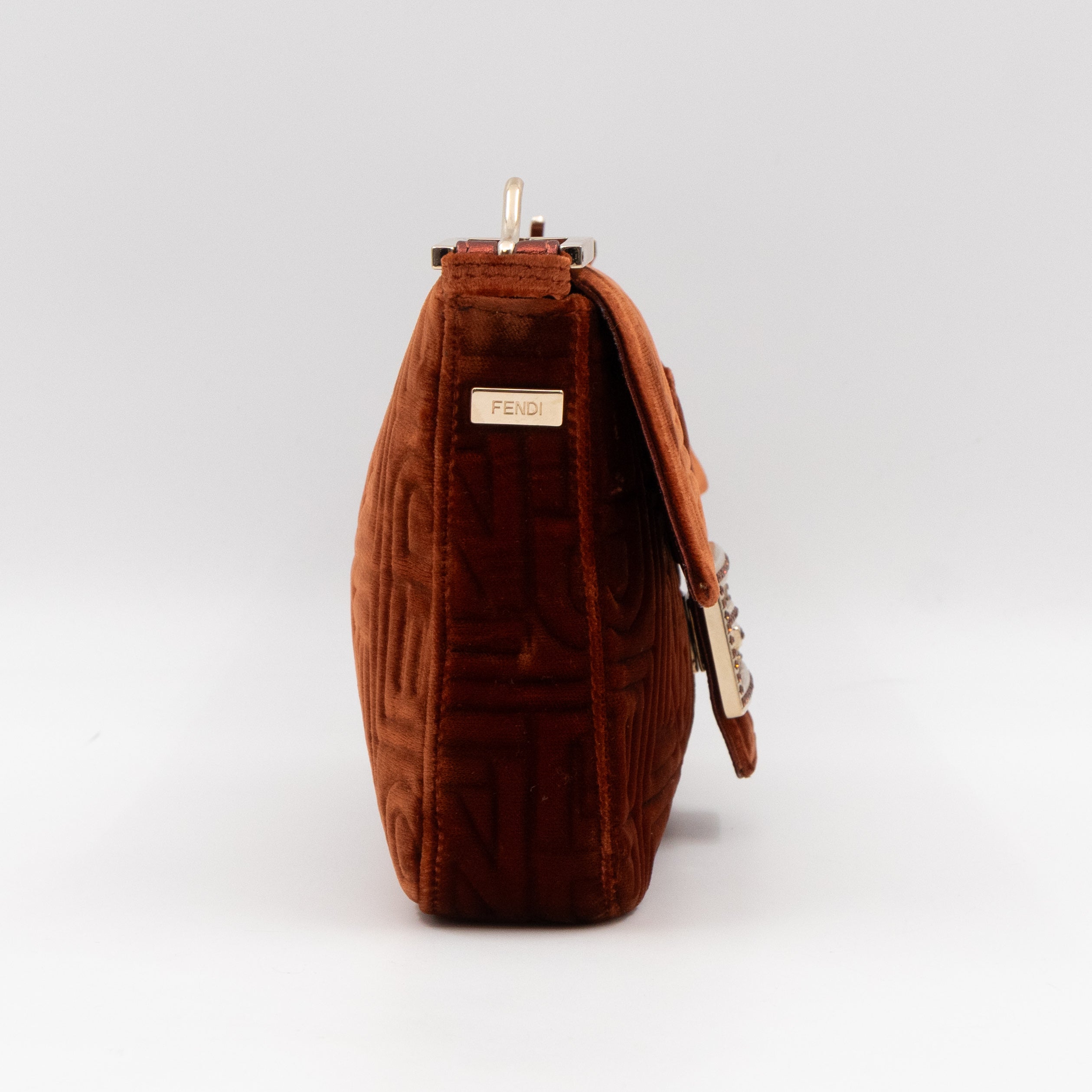 Baguette Logo Embossed Crystal Bronze Velvet Leather