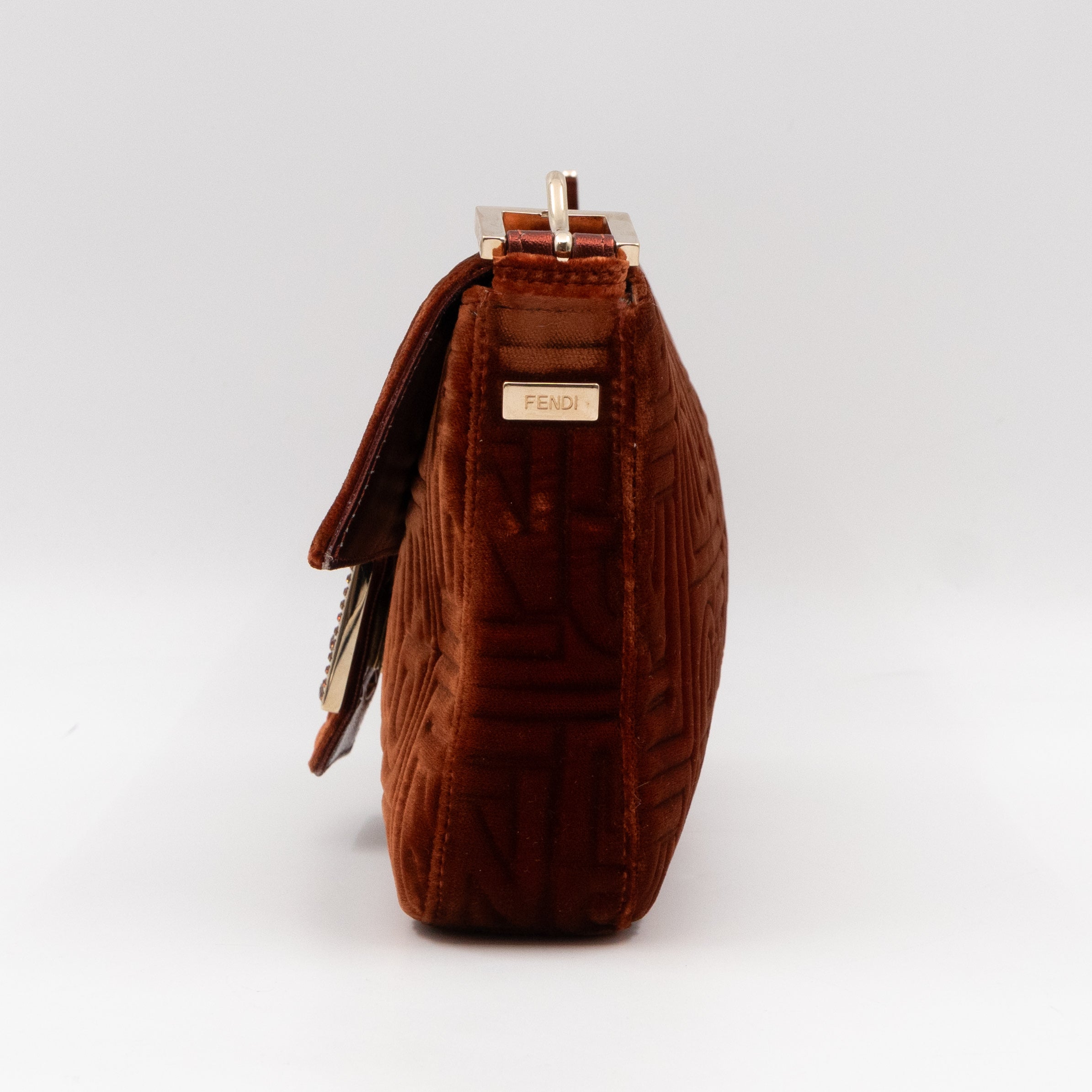 Baguette Logo Embossed Crystal Bronze Velvet Leather