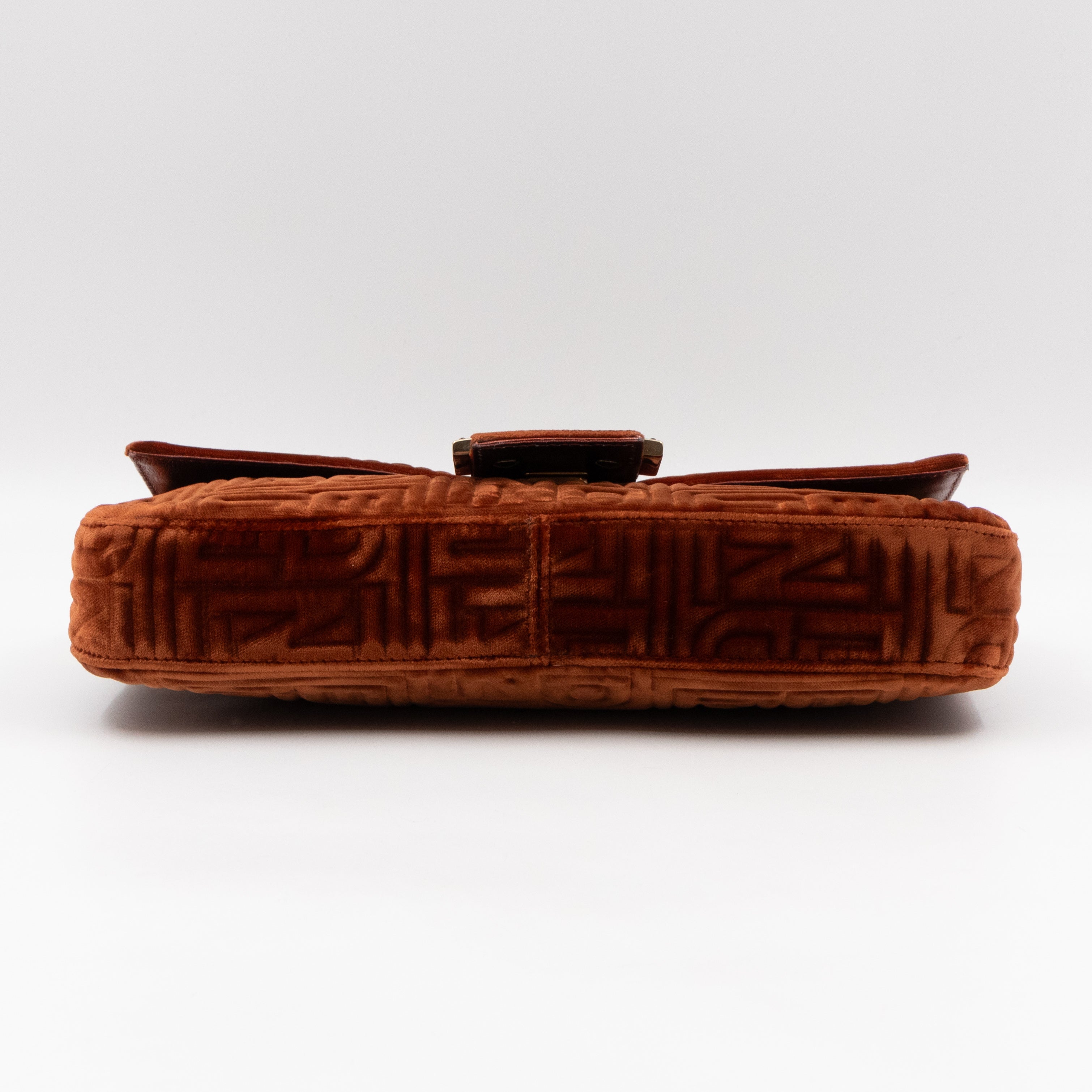 Baguette Logo Embossed Crystal Bronze Velvet Leather