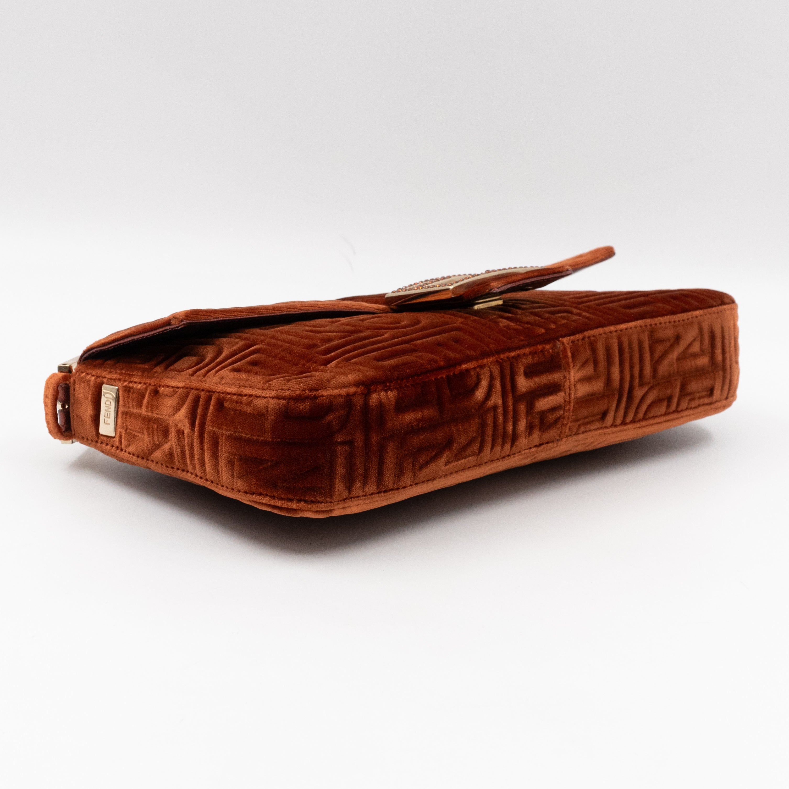 Baguette Logo Embossed Crystal Bronze Velvet Leather