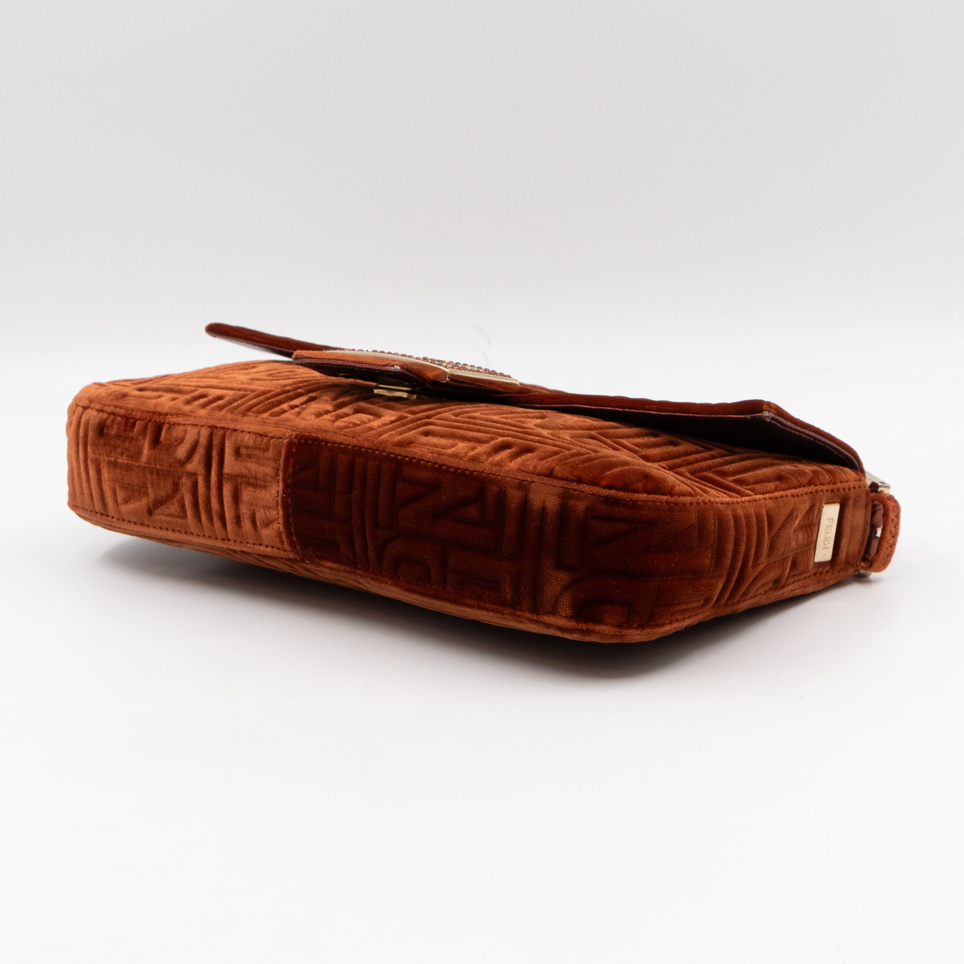 Baguette Logo Embossed Crystal Bronze Velvet Leather