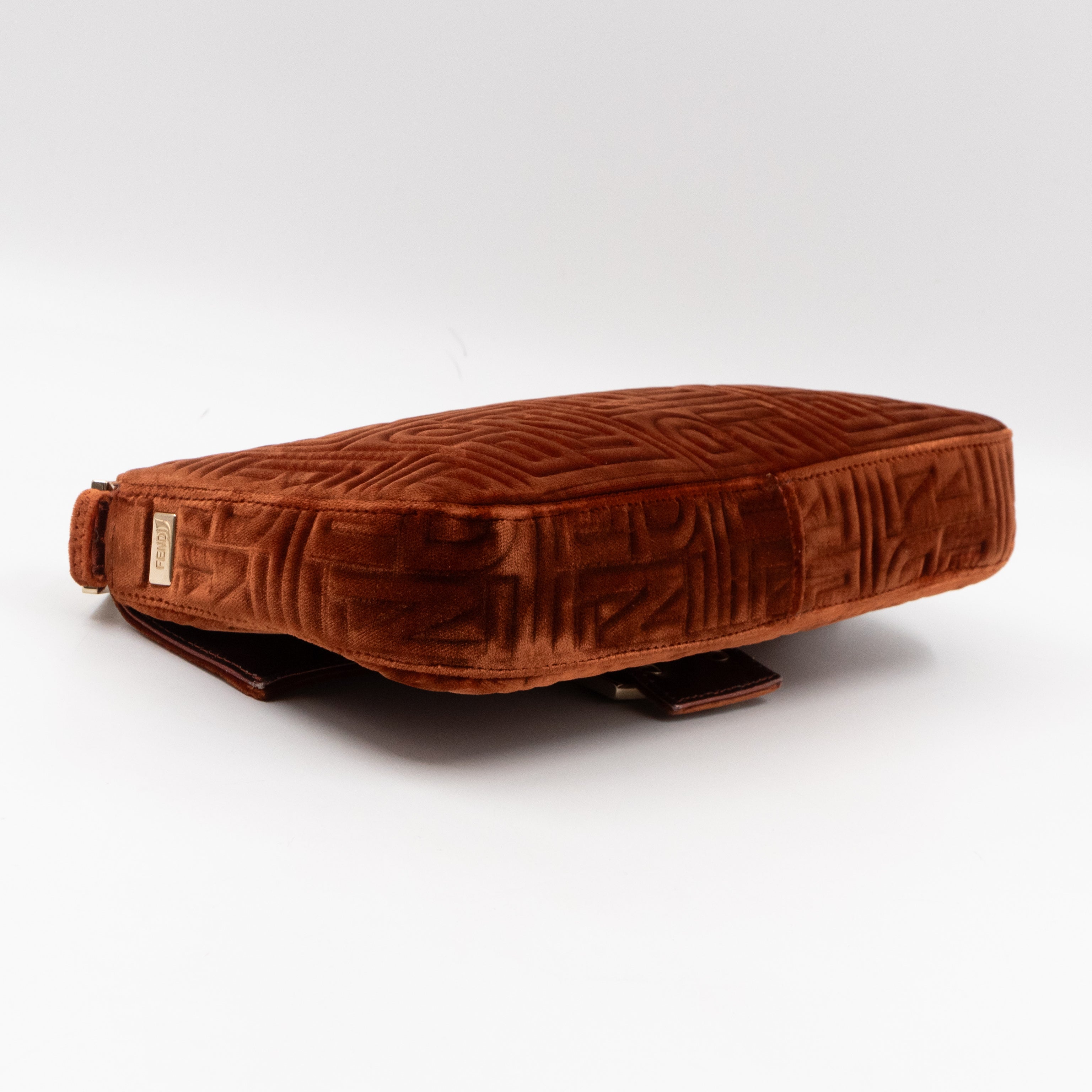 Baguette Logo Embossed Crystal Bronze Velvet Leather