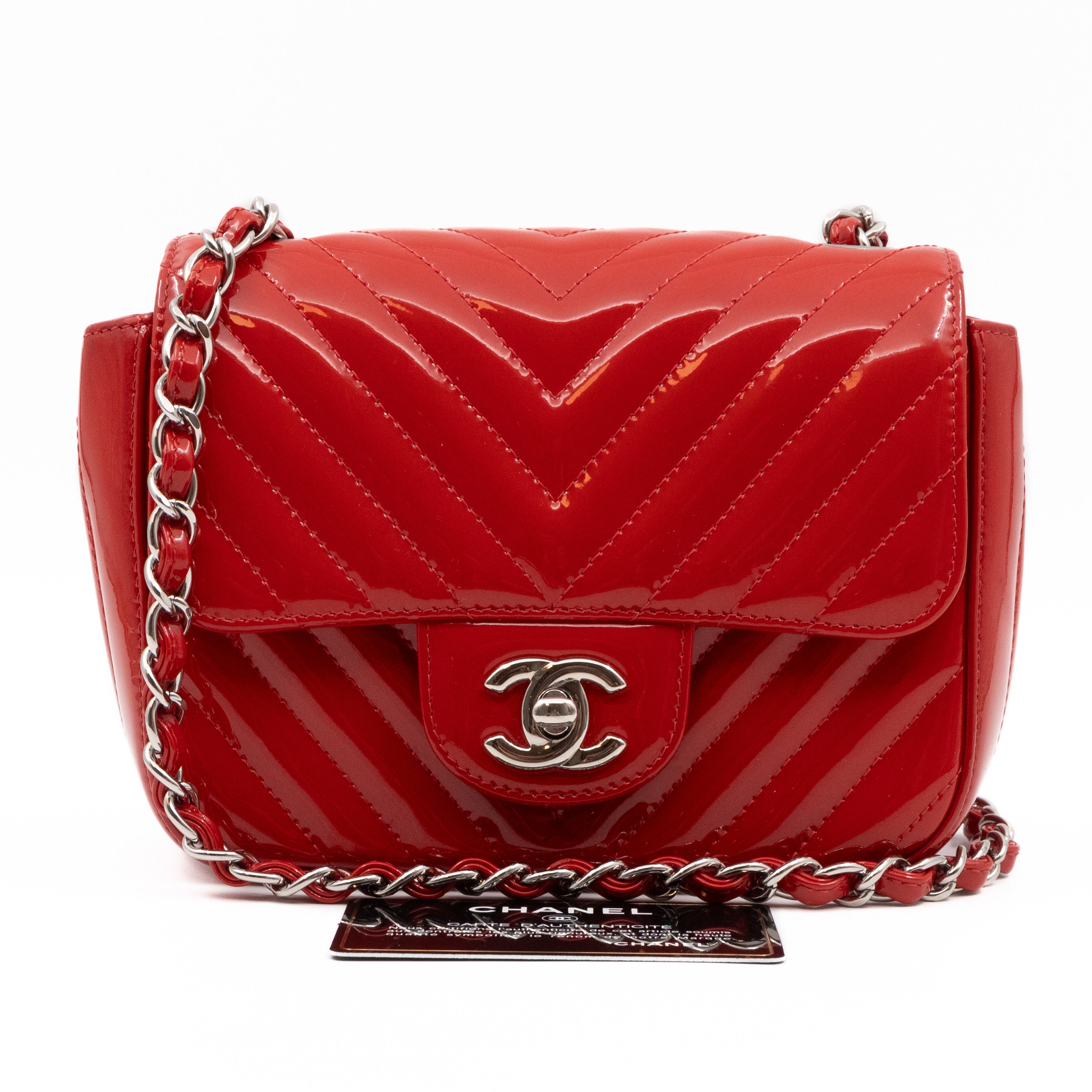 Classic Flap Mini Square Chevron Red Patent Leather