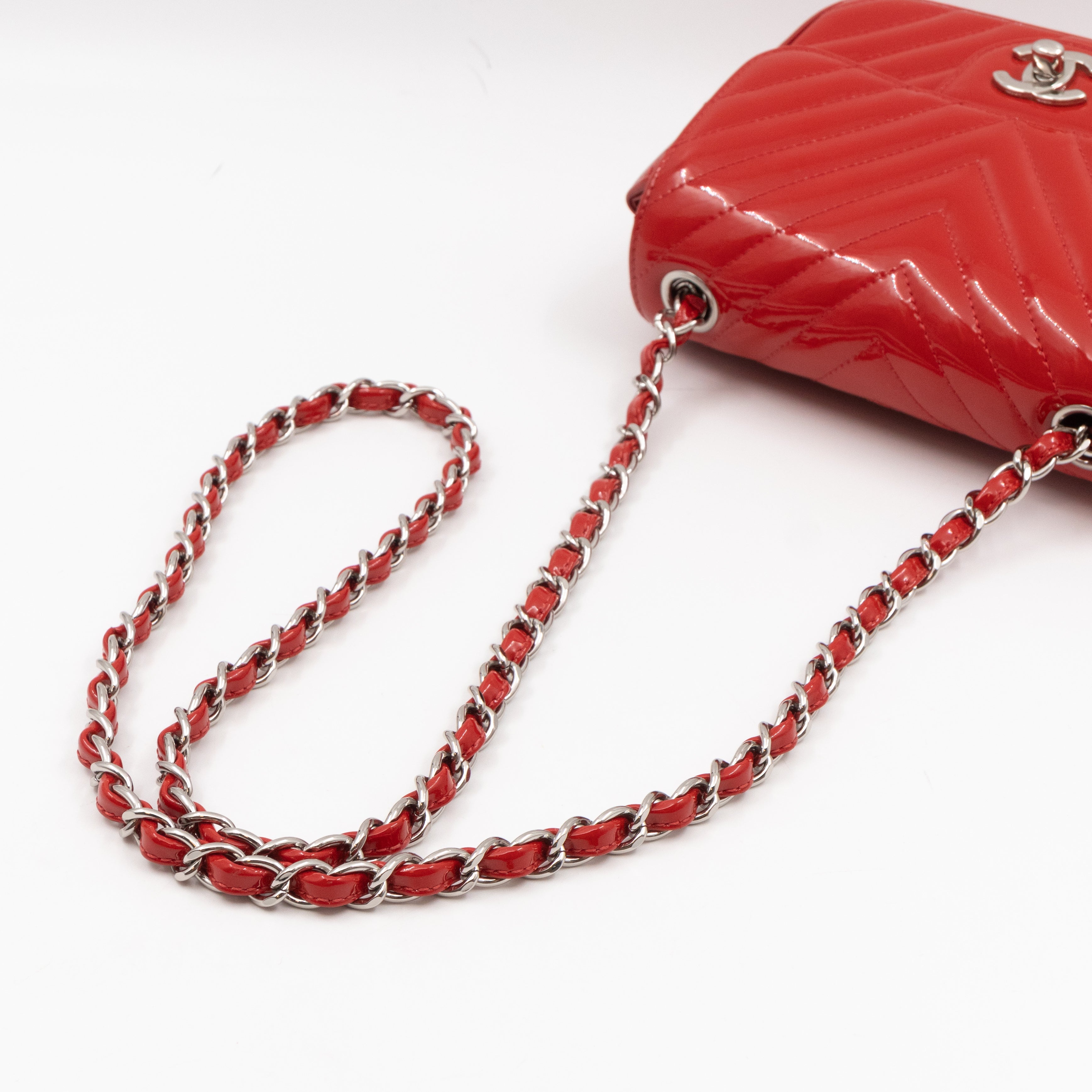 Classic Flap Mini Square Chevron Red Patent Leather