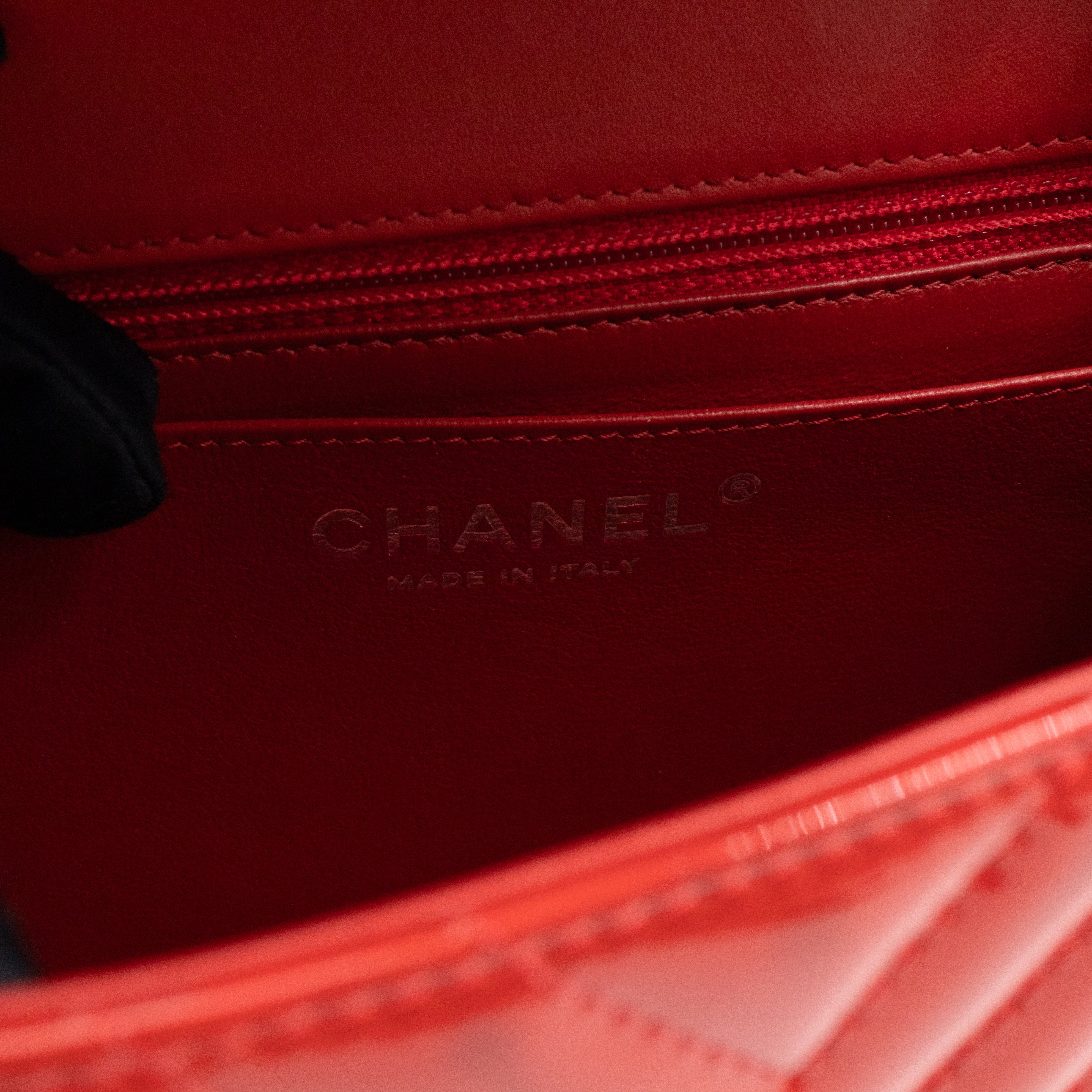 Classic Flap Mini Square Chevron Red Patent Leather