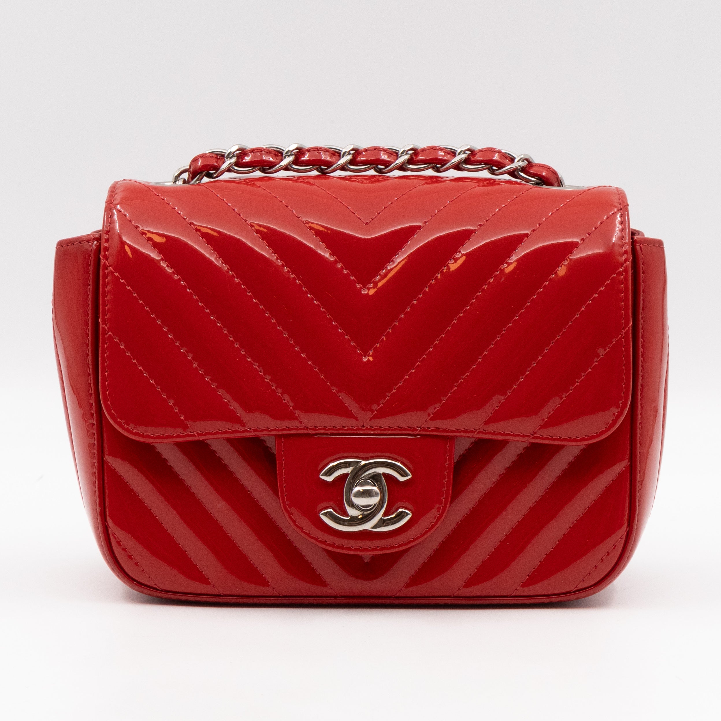 Classic Flap Mini Square Chevron Red Patent Leather