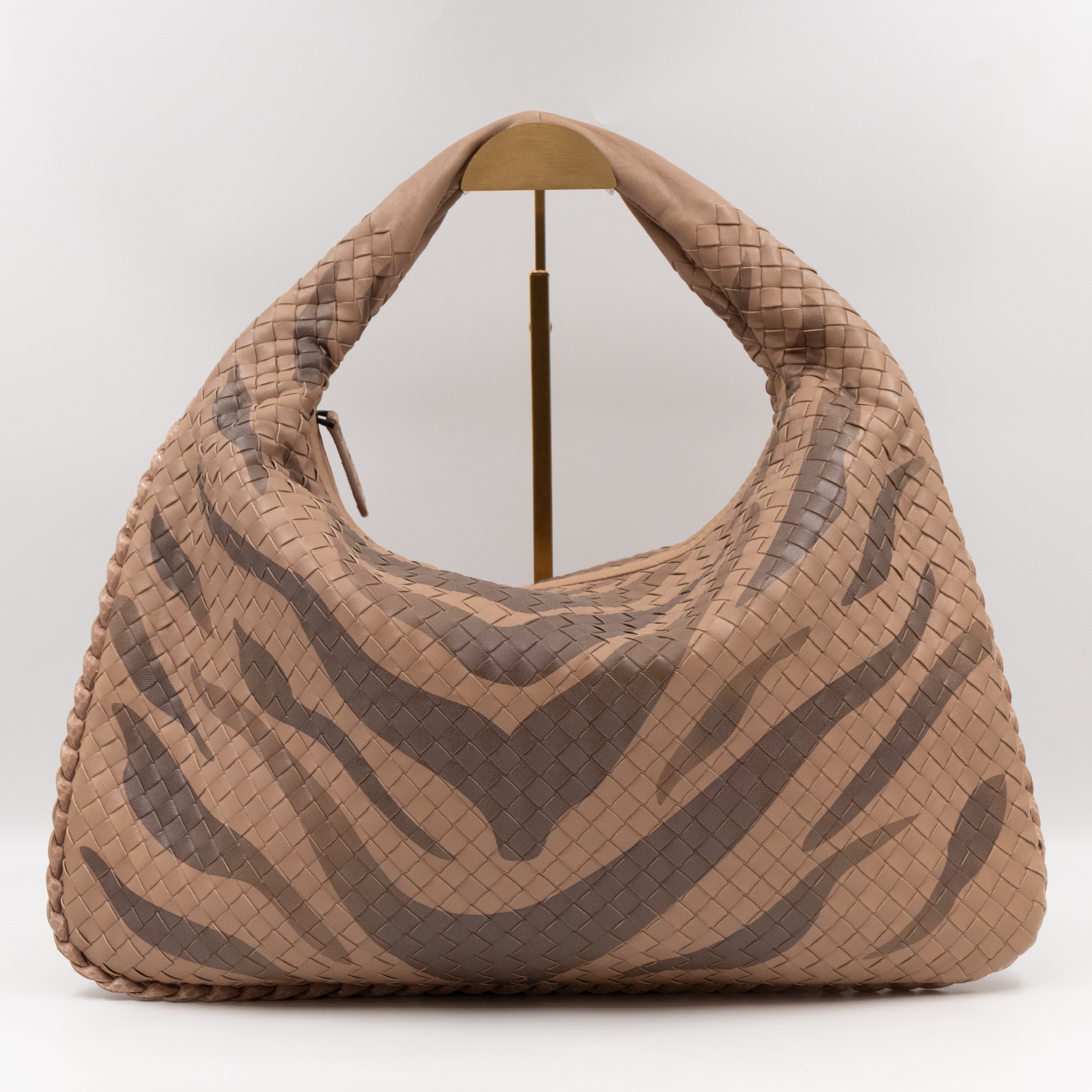 Veneta Hobo Bag Intrecciato Beige Zebra Print Leather Snakeskin Trim