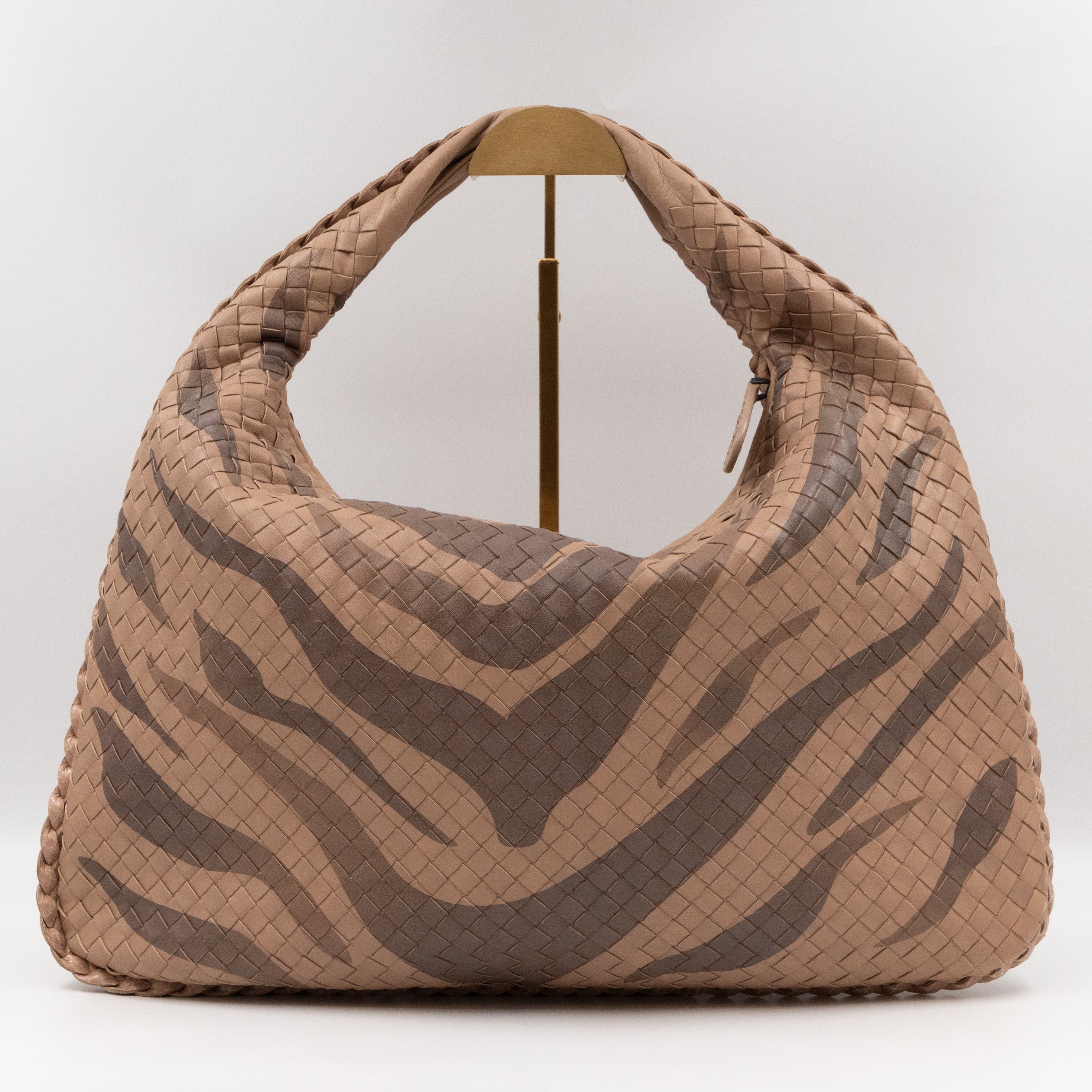 Veneta Hobo Bag Intrecciato Beige Zebra Print Leather Snakeskin Trim