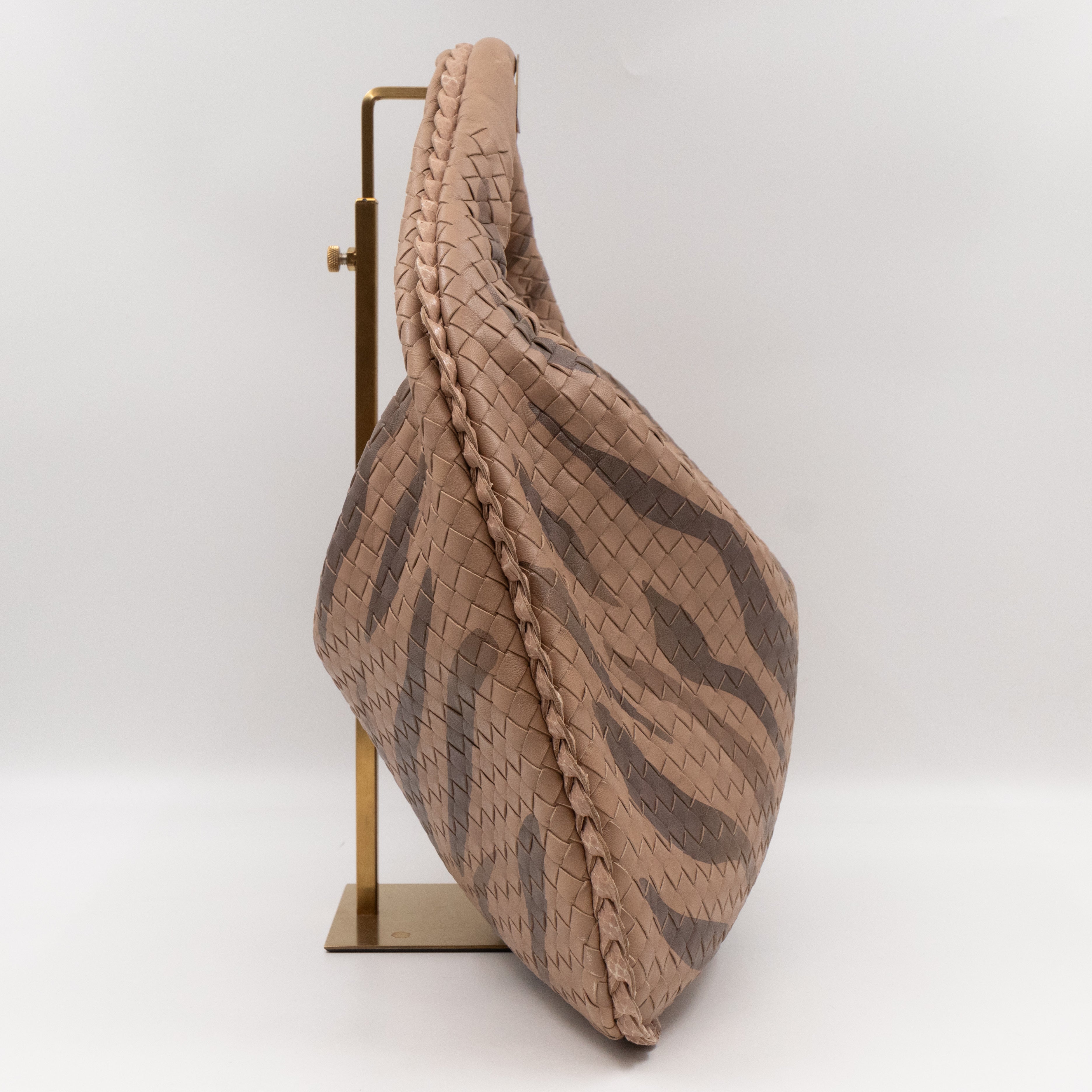 Veneta Hobo Bag Intrecciato Beige Zebra Print Leather Snakeskin Trim