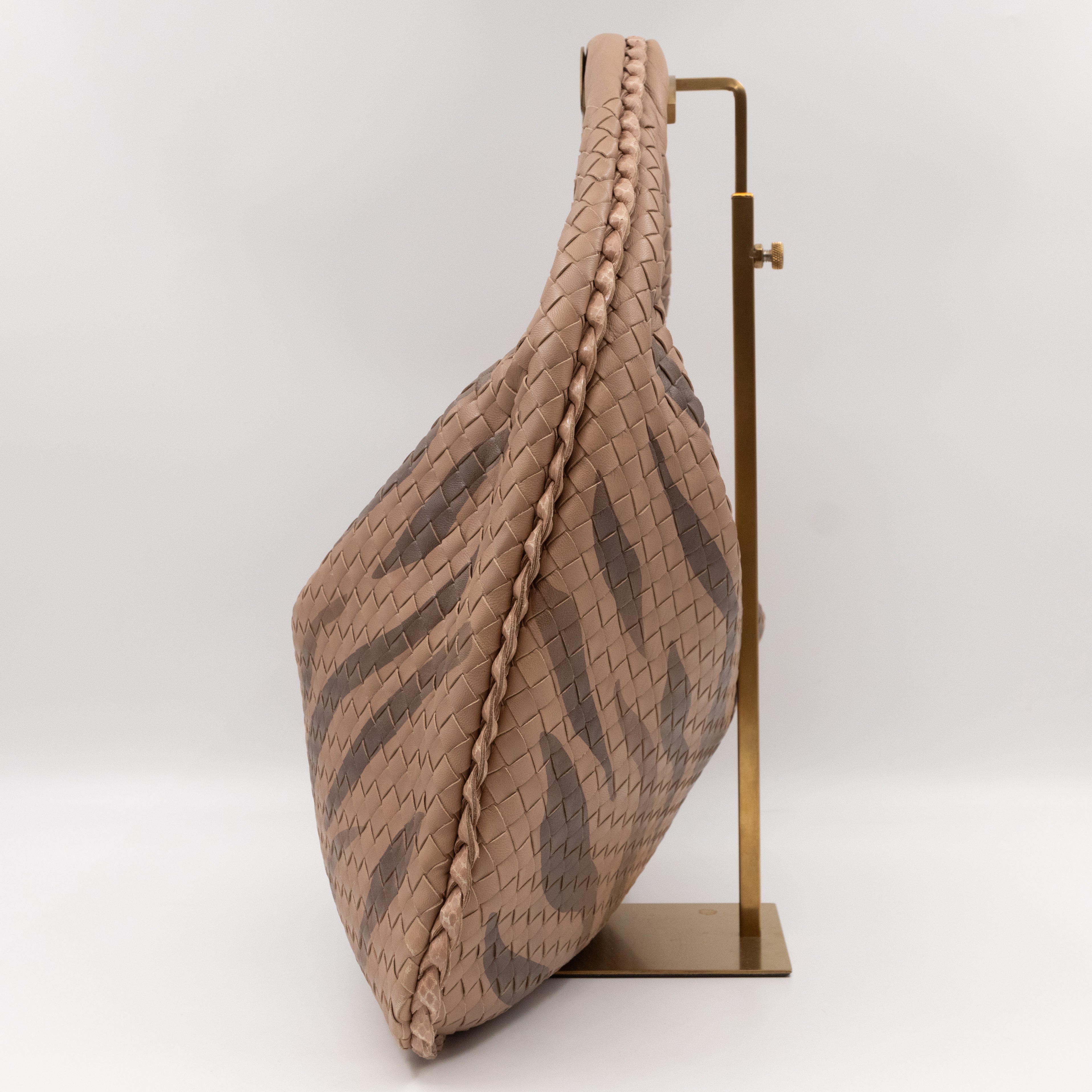 Veneta Hobo Bag Intrecciato Beige Zebra Print Leather Snakeskin Trim