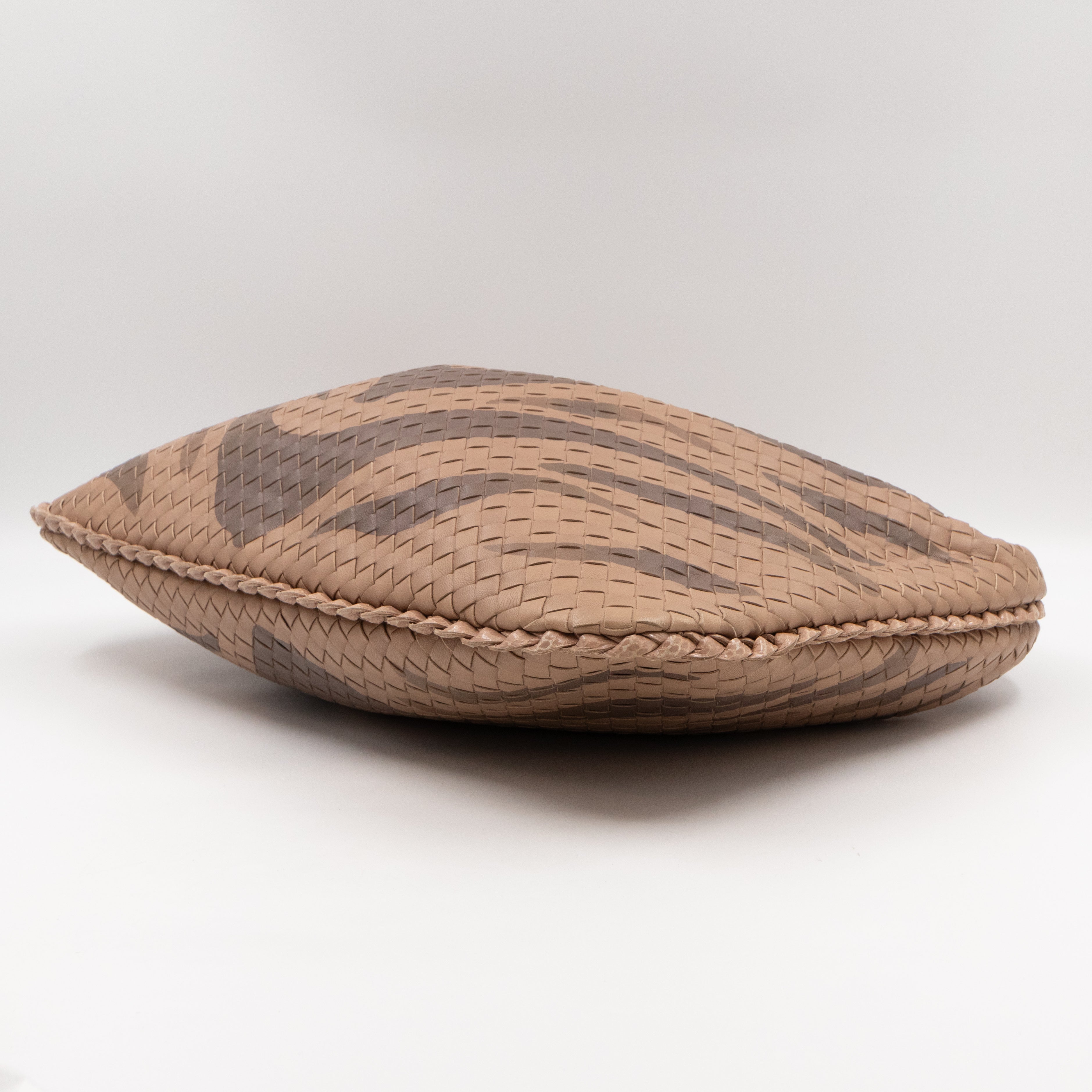 Veneta Hobo Bag Intrecciato Beige Zebra Print Leather Snakeskin Trim