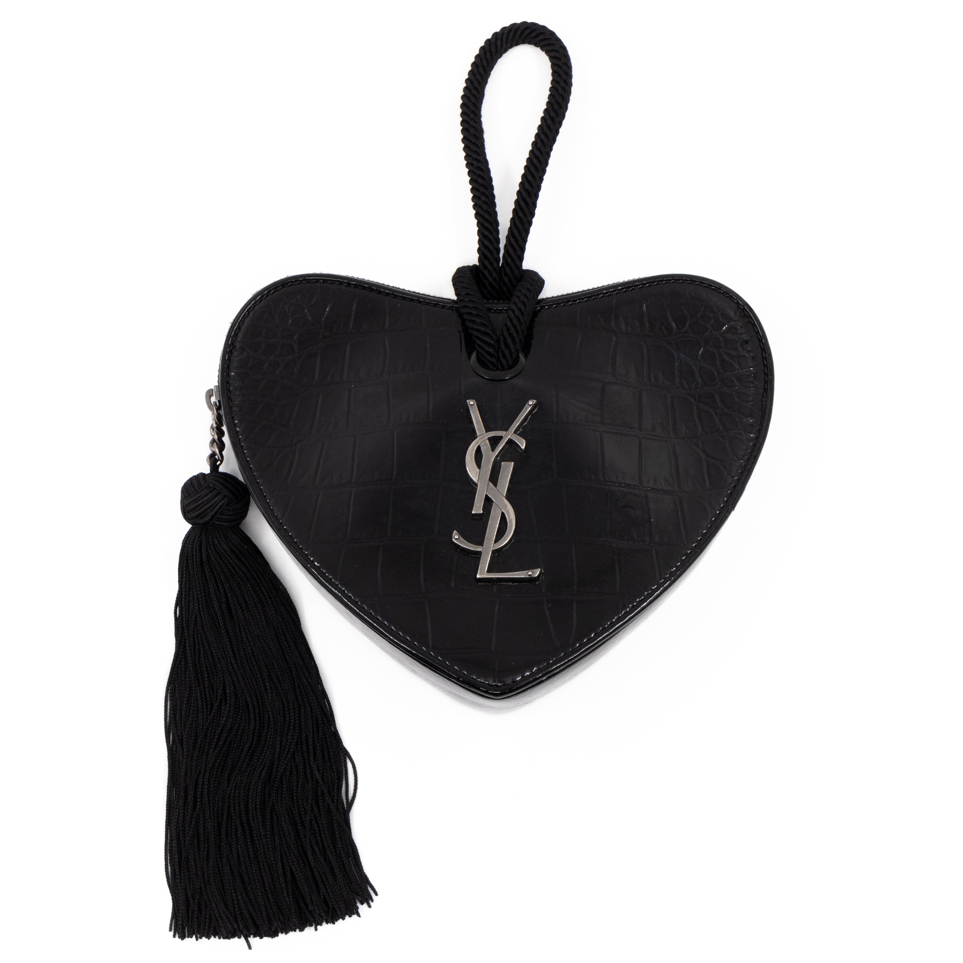 Sac Coeur Heart Clutch Black Croc Embossed Patent Leather