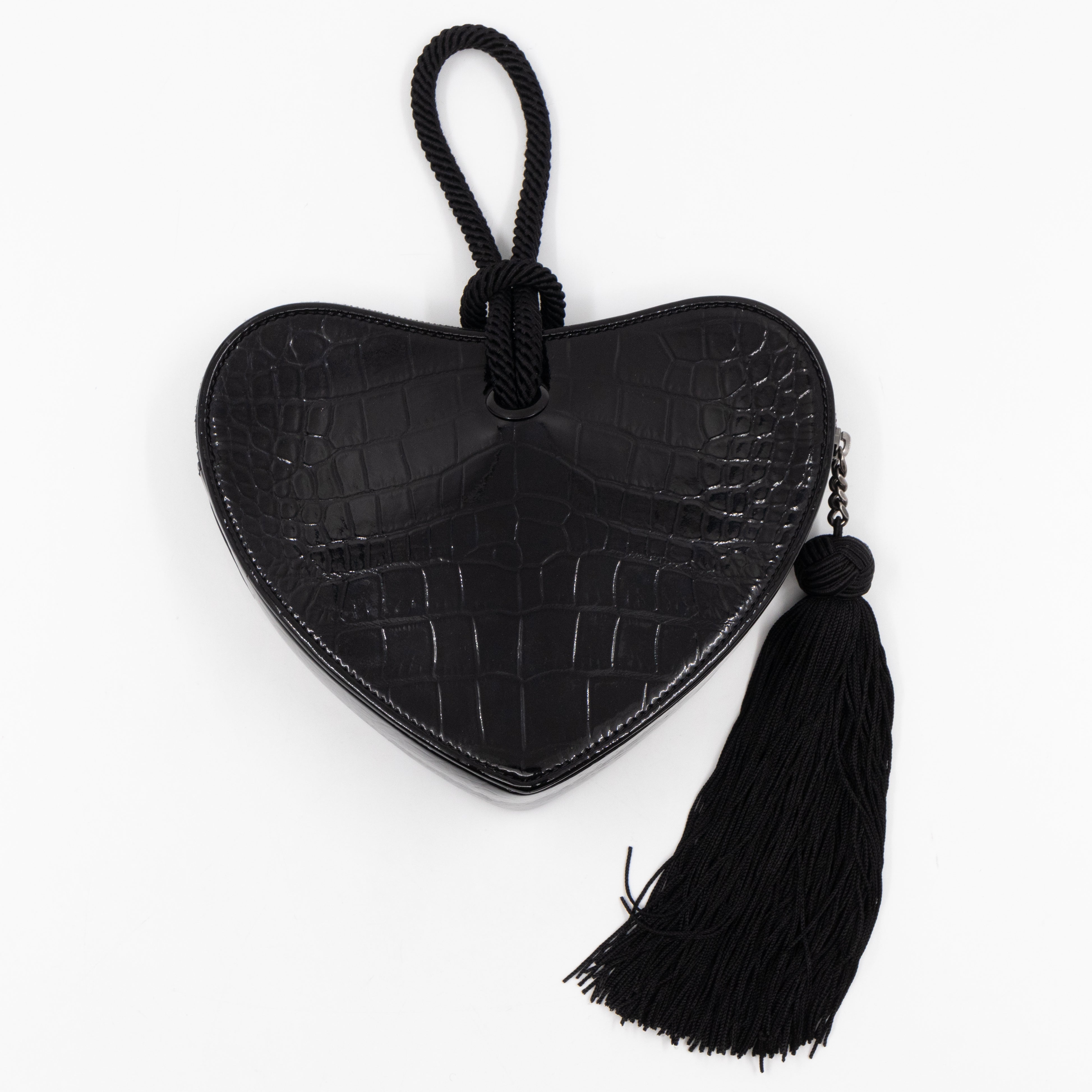 Sac Coeur Heart Clutch Black Croc Embossed Patent Leather