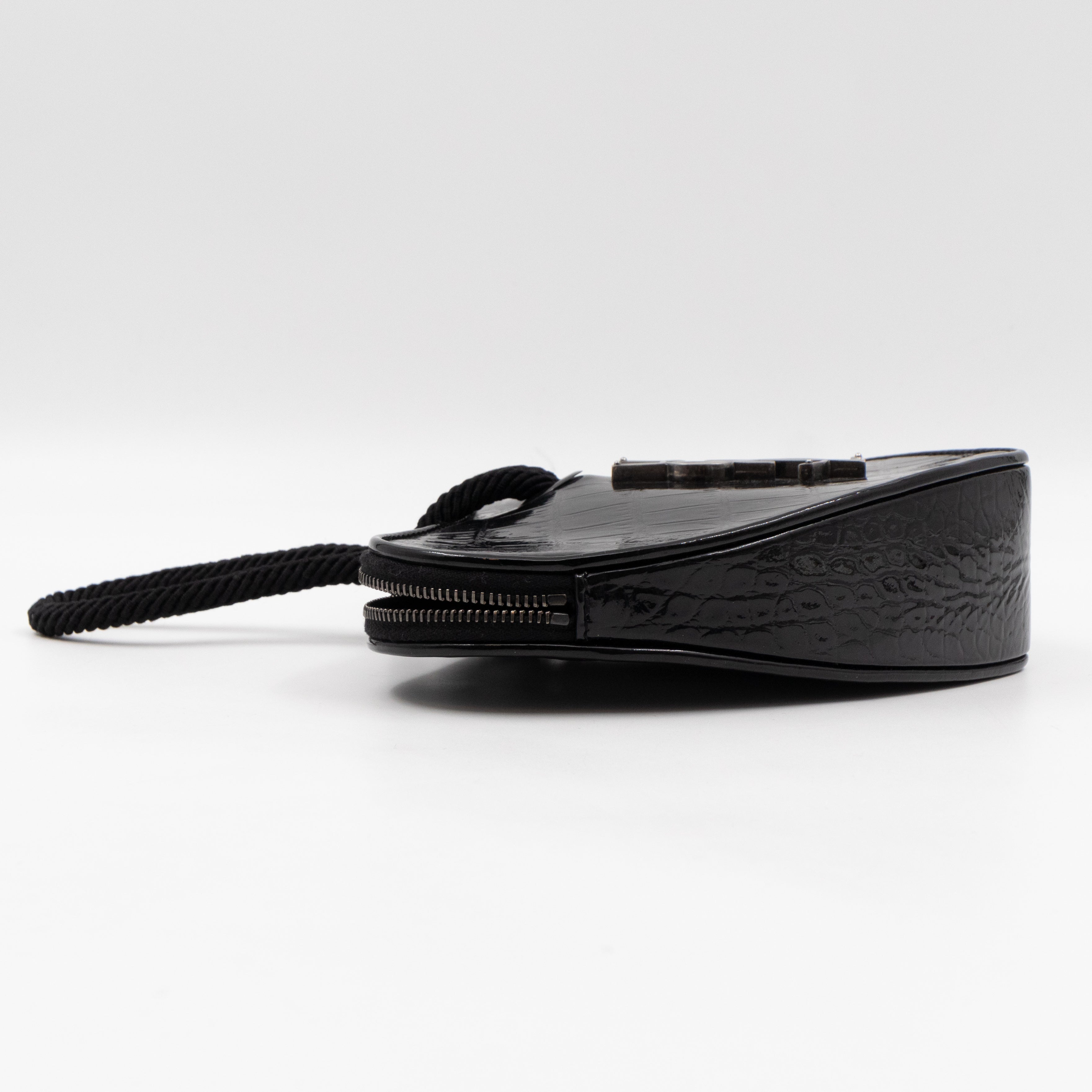 Sac Coeur Heart Clutch Black Croc Embossed Patent Leather