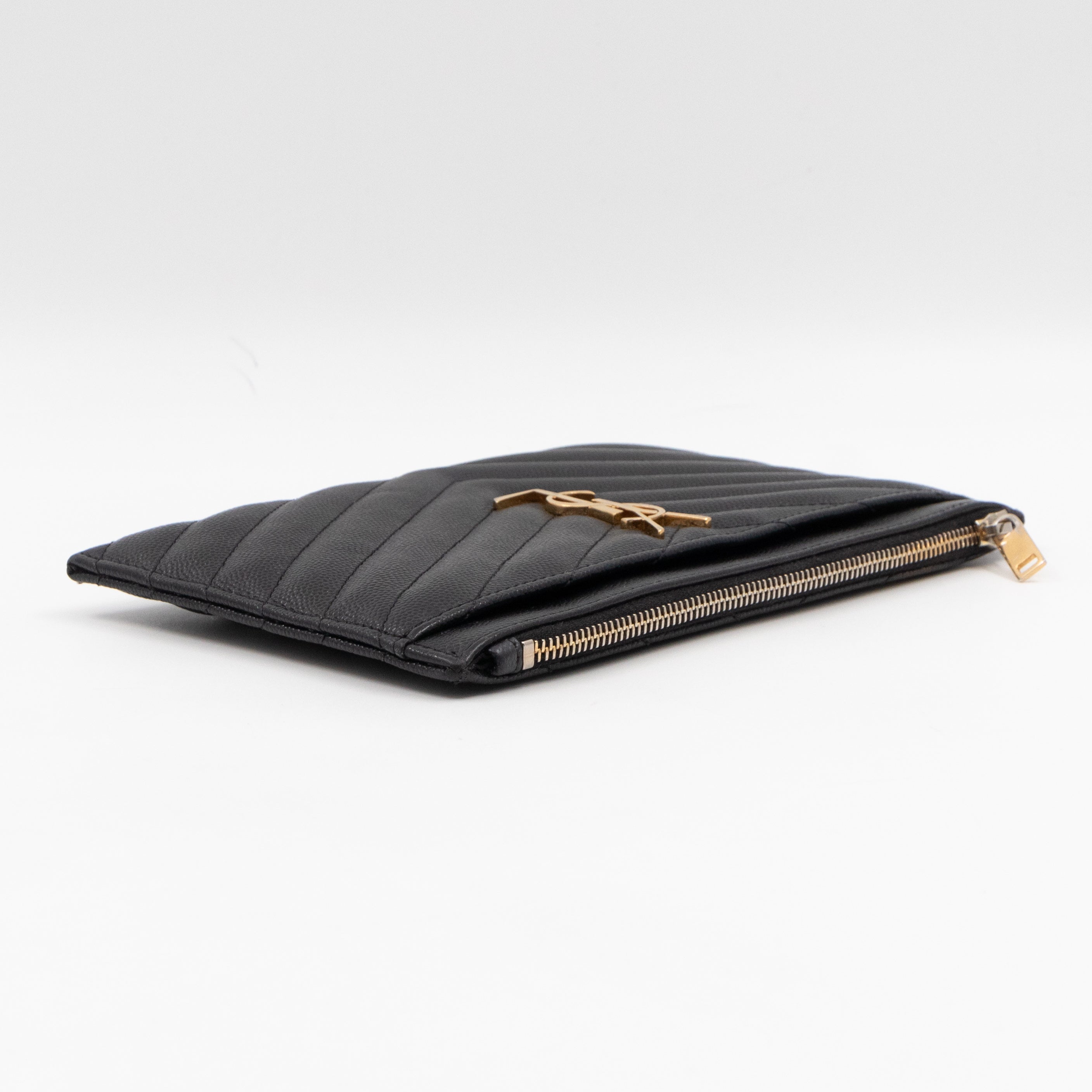 Zipped Pouch Chevron Grained Leather Black