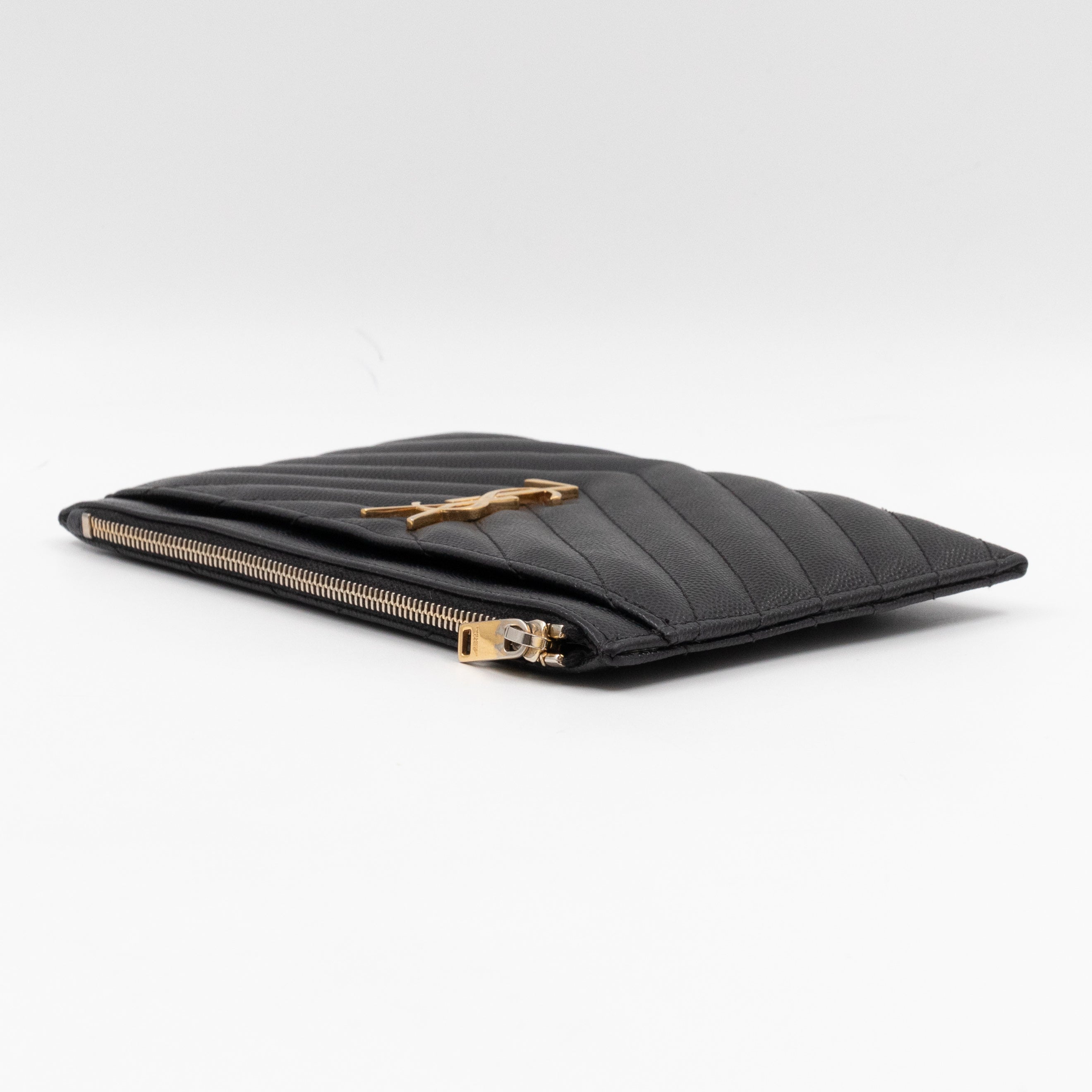 Zipped Pouch Chevron Grained Leather Black