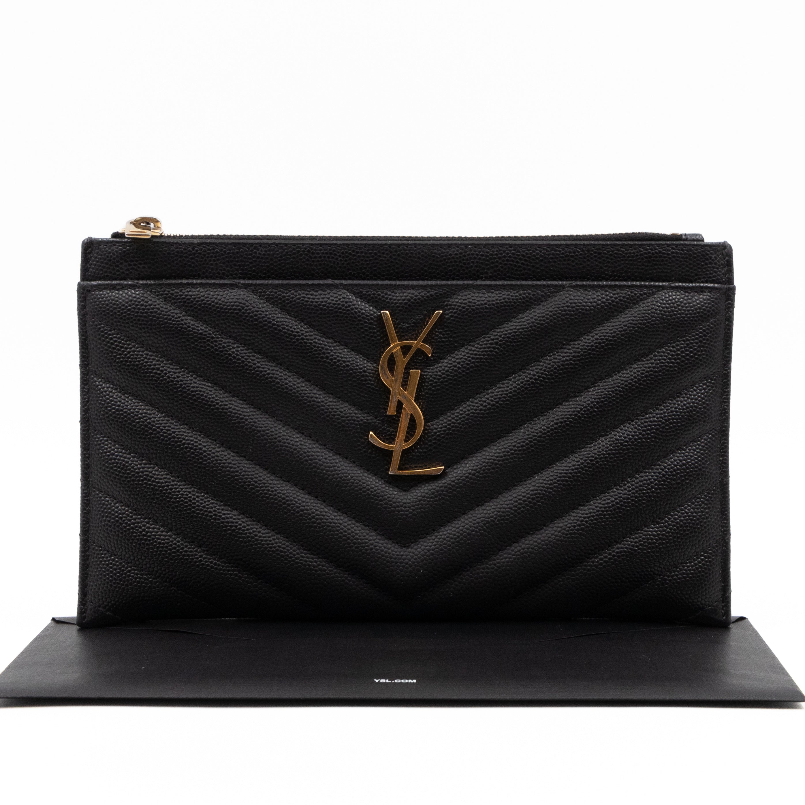 Zipped Pouch Chevron Grained Leather Black